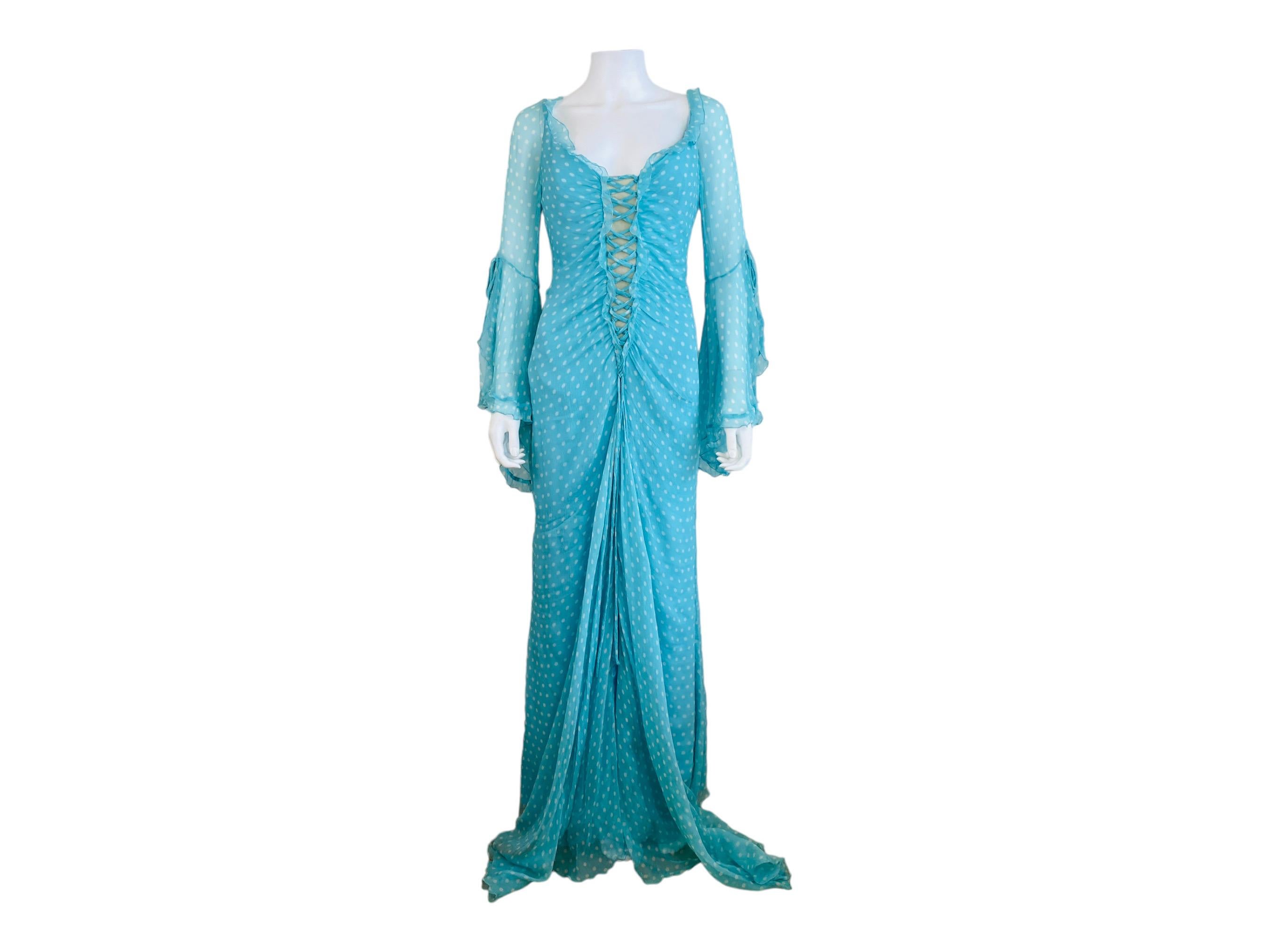 Vintage Bellville Sassoon Turquoise Blue Polka Dot Silk Gown Dress In Excellent Condition For Sale In Denver, CO