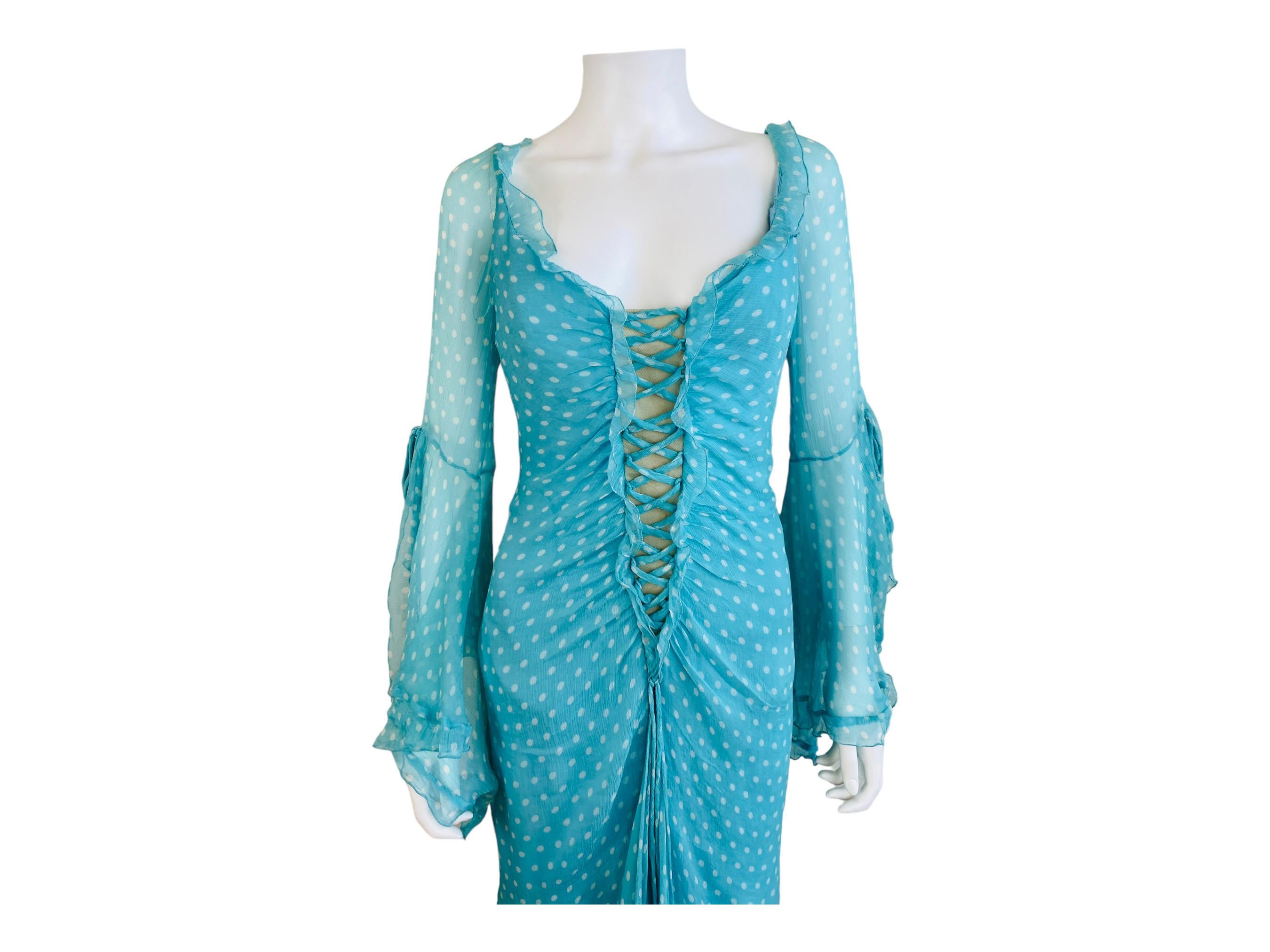 Women's Vintage Bellville Sassoon Turquoise Blue Polka Dot Silk Gown Dress For Sale