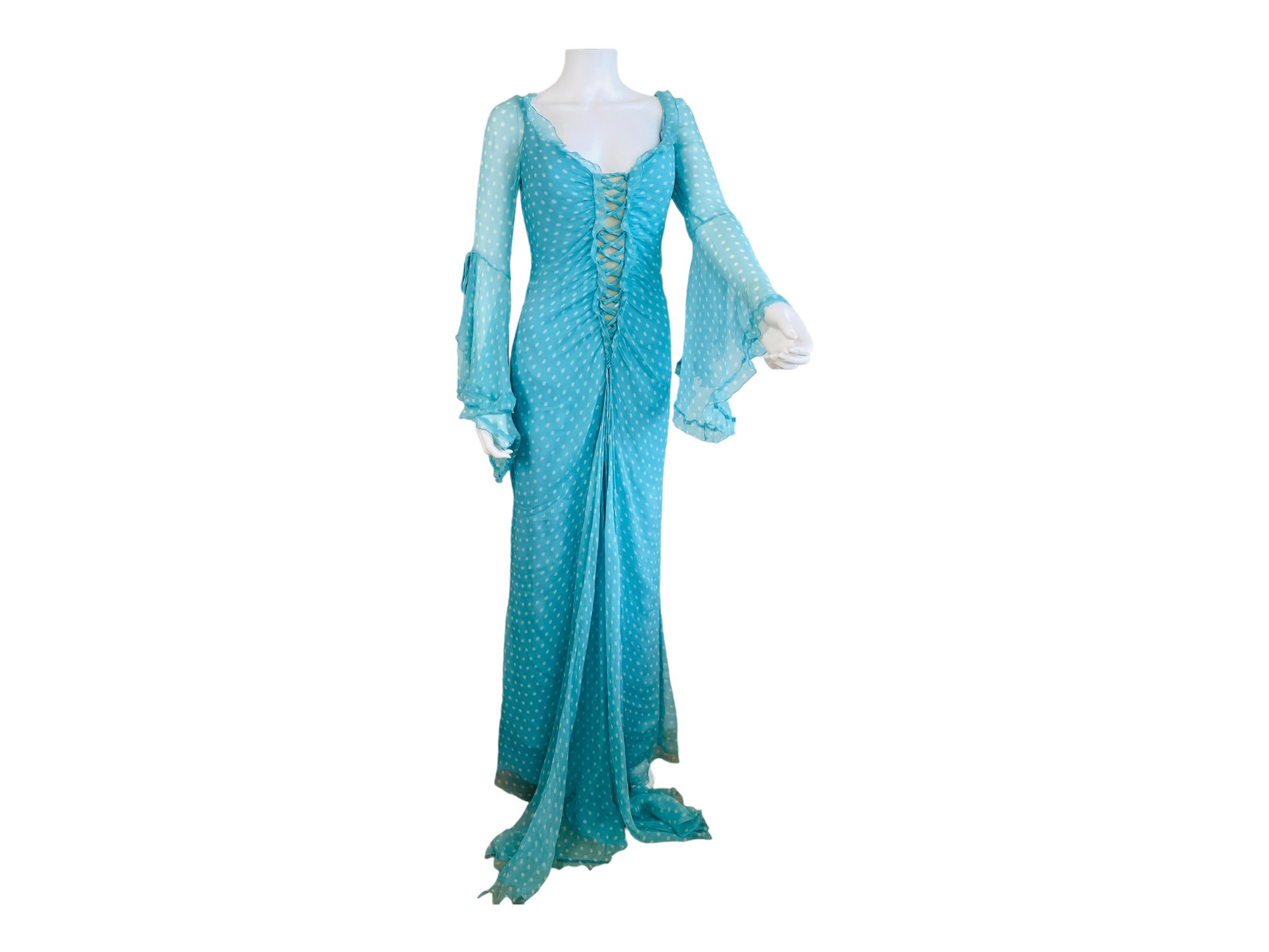 Vintage Bellville Sassoon Turquoise Blue Polka Dot Silk Gown Dress For Sale 2