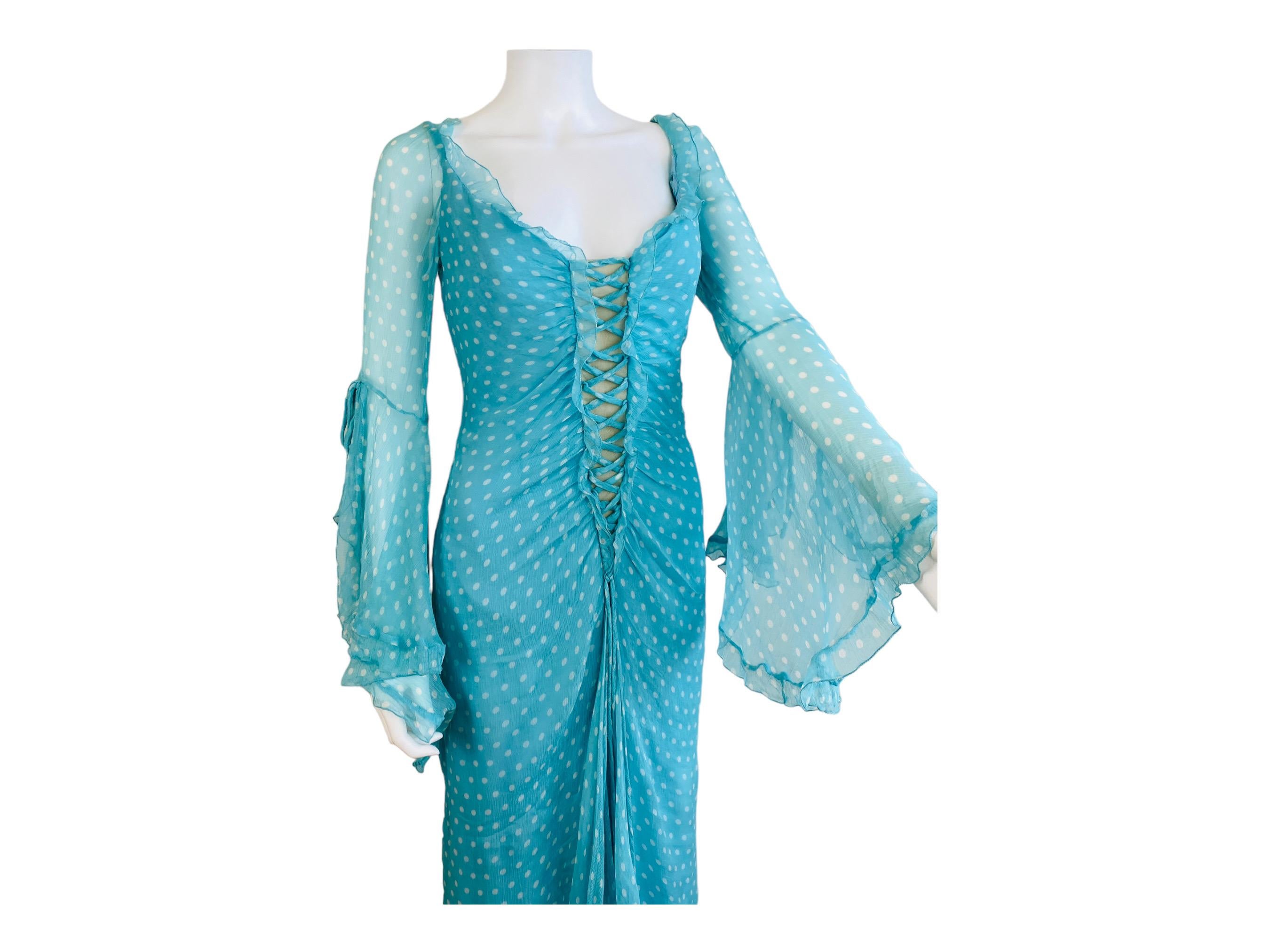 Vintage Bellville Sassoon Turquoise Blue Polka Dot Silk Gown Dress For Sale 3