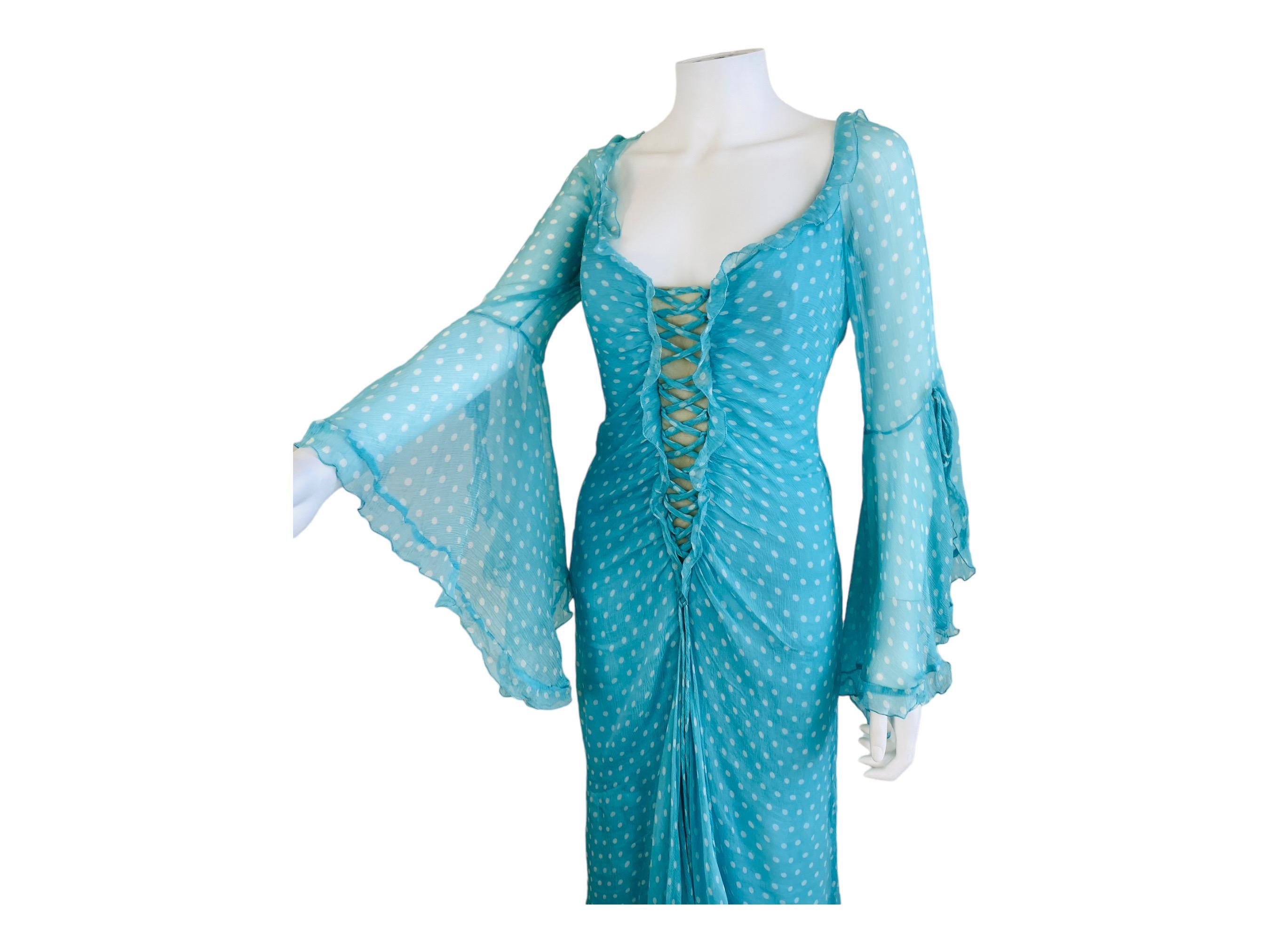 Vintage Bellville Sassoon Turquoise Blue Polka Dot Silk Gown Dress For Sale 5