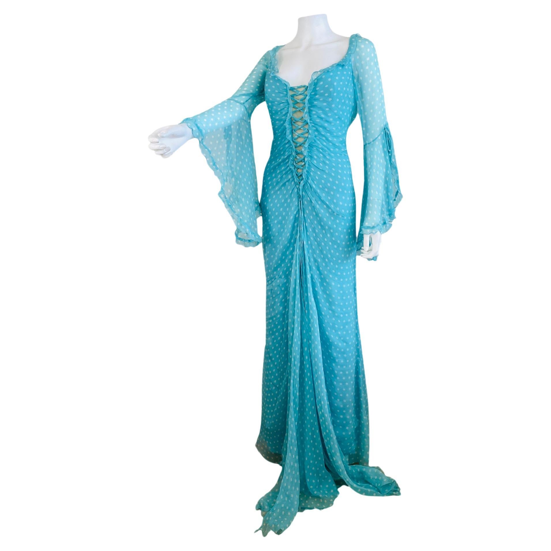 Vintage Bellville Sassoon Turquoise Blue Polka Dot Silk Gown Dress For Sale