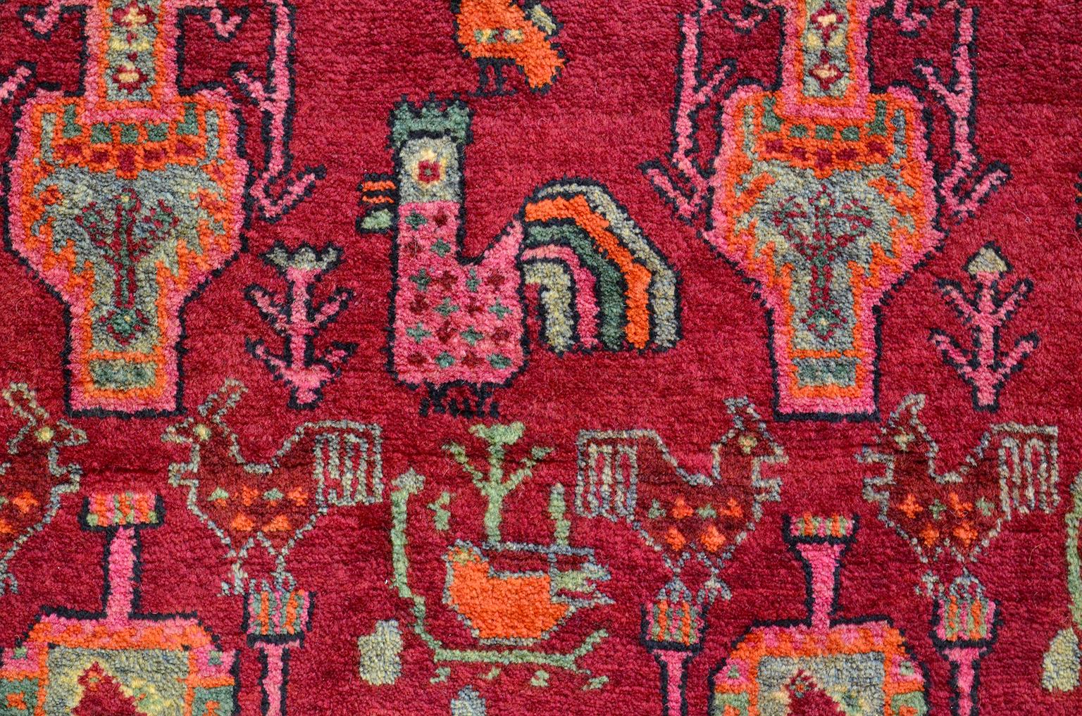 Vegetable Dyed Vintage 1940s Wool Persian Belouchi Rug, Peacock Design, 5' x 9' For Sale