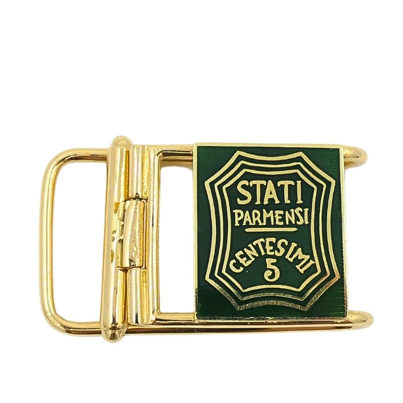 Vintage Belt Buckle Pendant 14k Gold Green Enamel For Sale 1