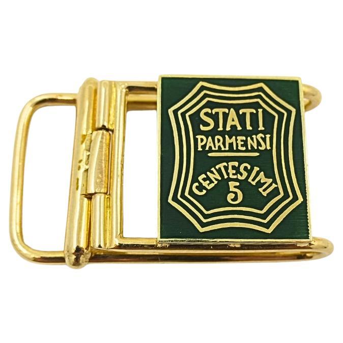 Vintage Belt Buckle Pendant 14k Gold Green Enamel
