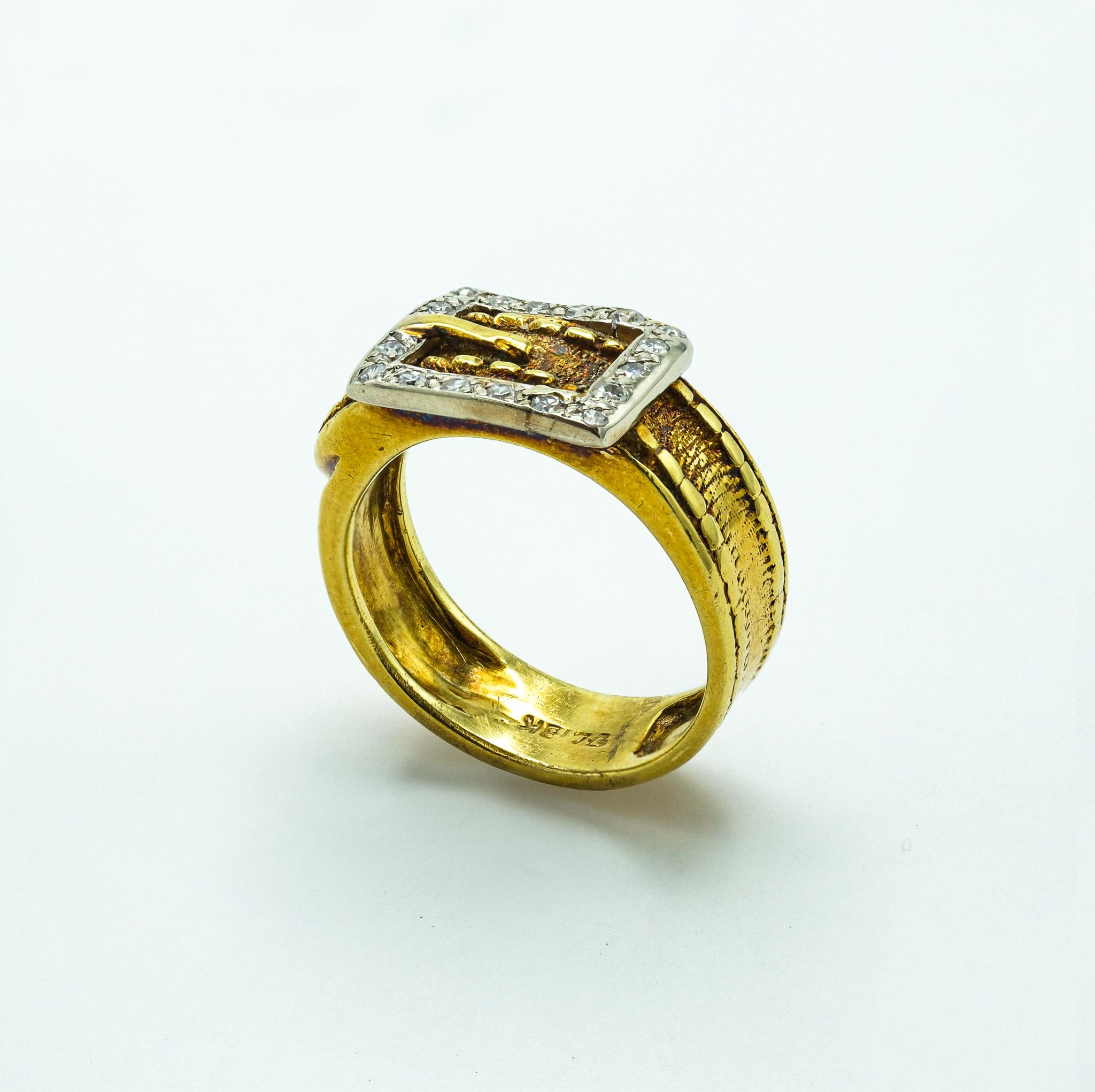 Artisan Vintage Belt Buckle Ring 18 Karat White and Yellow Gold with .17 Carats Diamonds For Sale