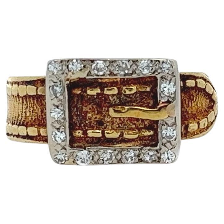 Vintage Belt Buckle Ring 18 Karat White and Yellow Gold with .17 Carats