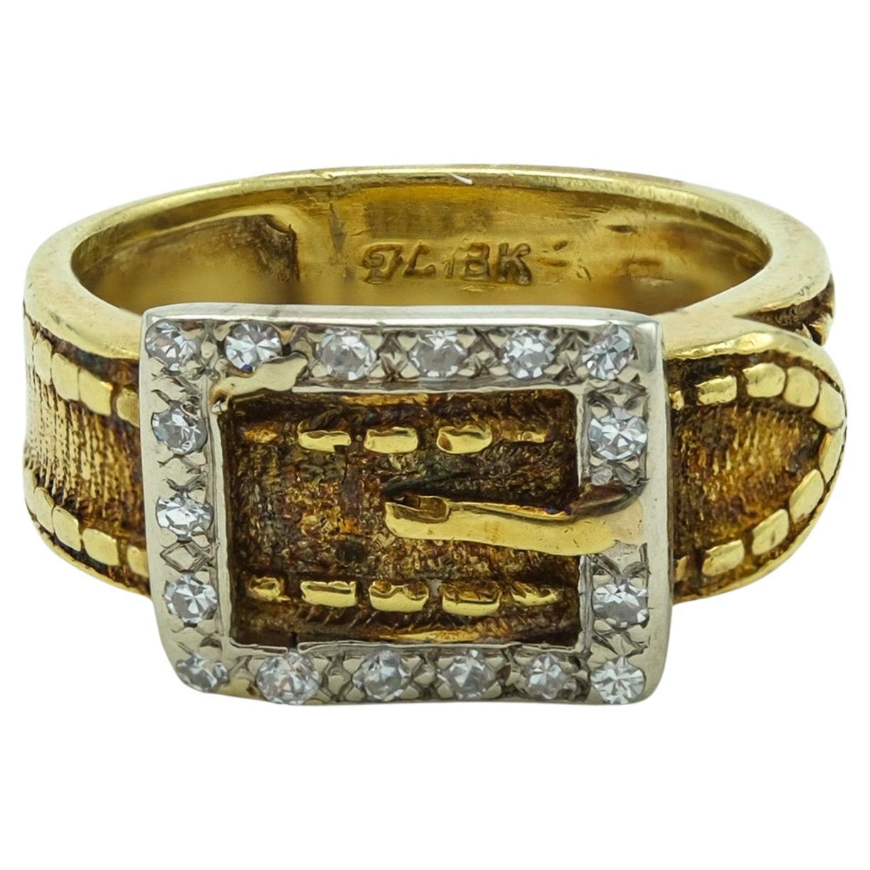 Vintage Belt Buckle Ring 18 Karat White and Yellow Gold with .17 Carats Diamonds For Sale