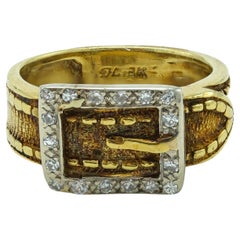 Retro Belt Buckle Ring 18 Karat White and Yellow Gold with .17 Carats Diamonds