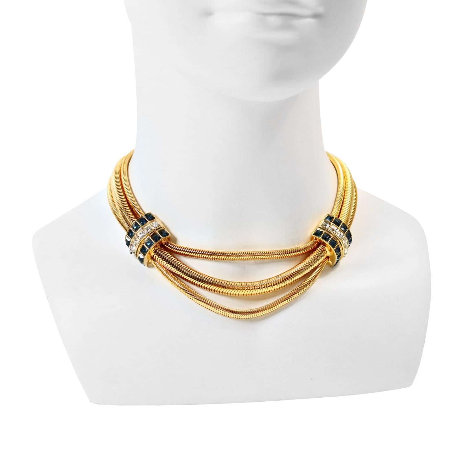 Contemporary Vintage Ben Amun Gold Tone with Blue and Clear Crytsal Necklace Circa 1980s