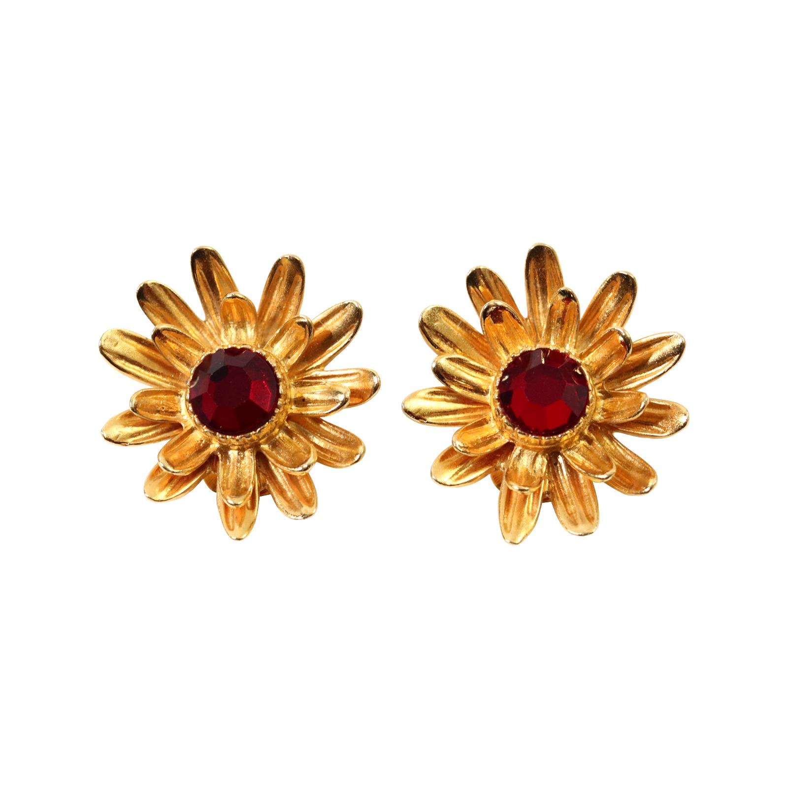 Vintage Ben Amun Gold Tone with Red Crystal Earrings Circa 1980s. These earrings are so well made and show every petal in the flower. Looks completely real.  Ben Amun makes some of the best costume jewelry in the industry.  Not a lot of it but what
