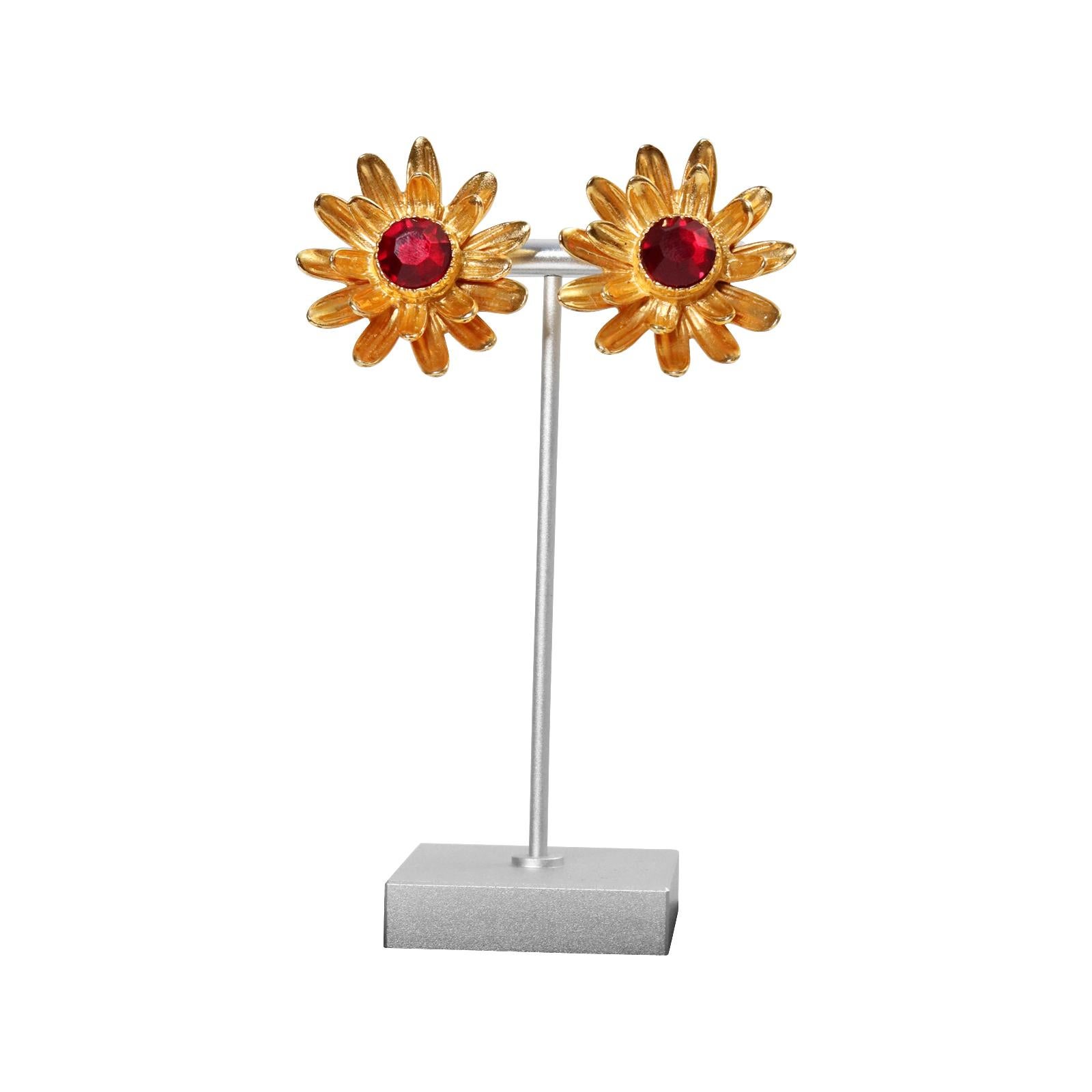 Vintage Ben Amun Gold Tone with Red Crystal Earrings Circa 1980s In Good Condition In New York, NY