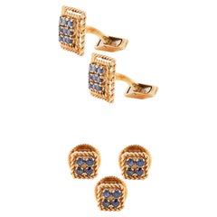 Boutons de manchette et clous d'oreilles vintage Ben Rosenfeld en or 18 carats avec saphir bleu