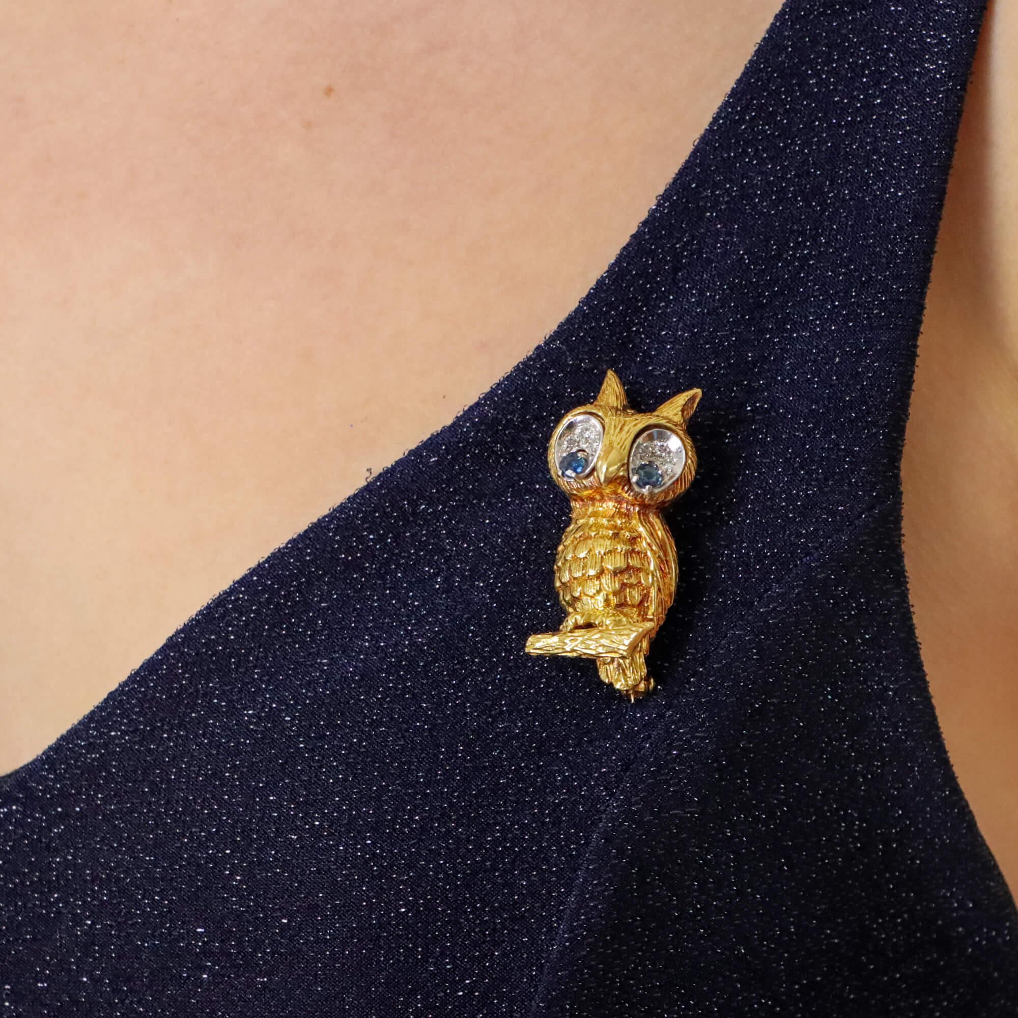 Retro Vintage Ben Rosenfeld Diamond and Sapphire Owl Brooch in 18k Yellow Gold