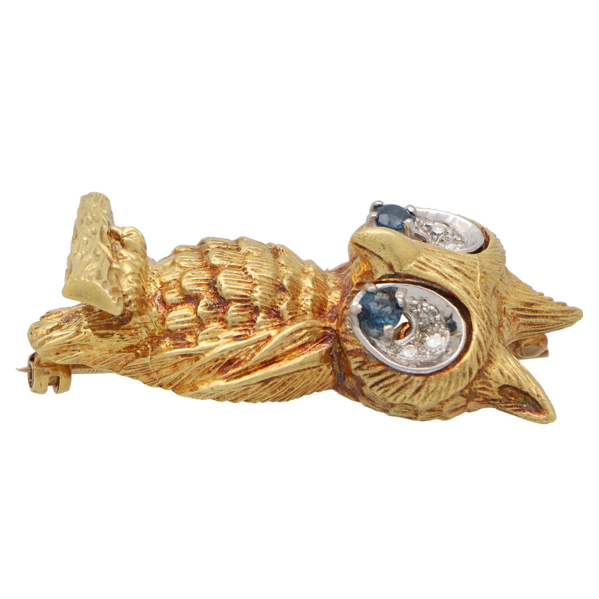 Vintage Ben Rosenfeld Diamond and Sapphire Owl Brooch in 18k Yellow Gold In Excellent Condition In London, GB