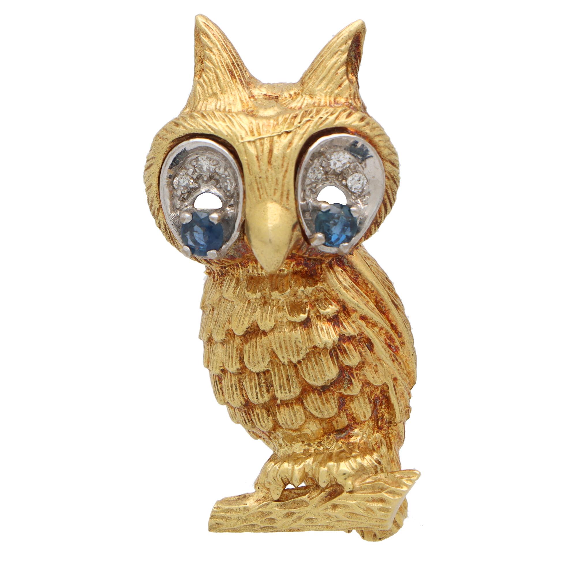 Vintage Ben Rosenfeld Diamond and Sapphire Owl Brooch in 18k Yellow Gold 1