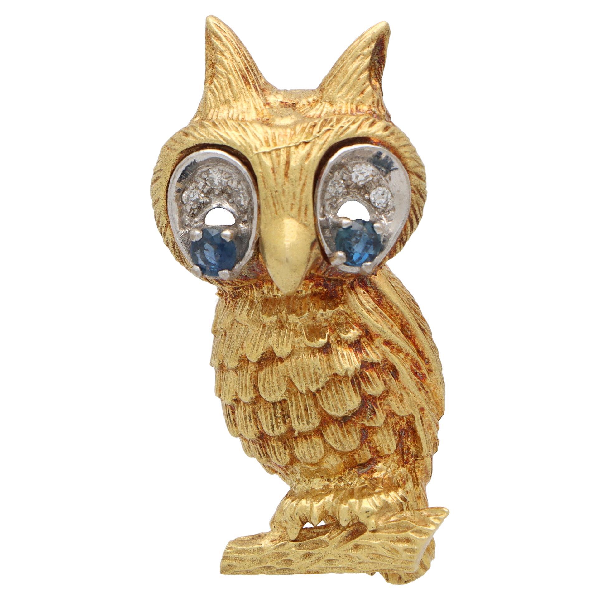 Vintage Ben Rosenfeld Diamond and Sapphire Owl Brooch in 18k Yellow Gold
