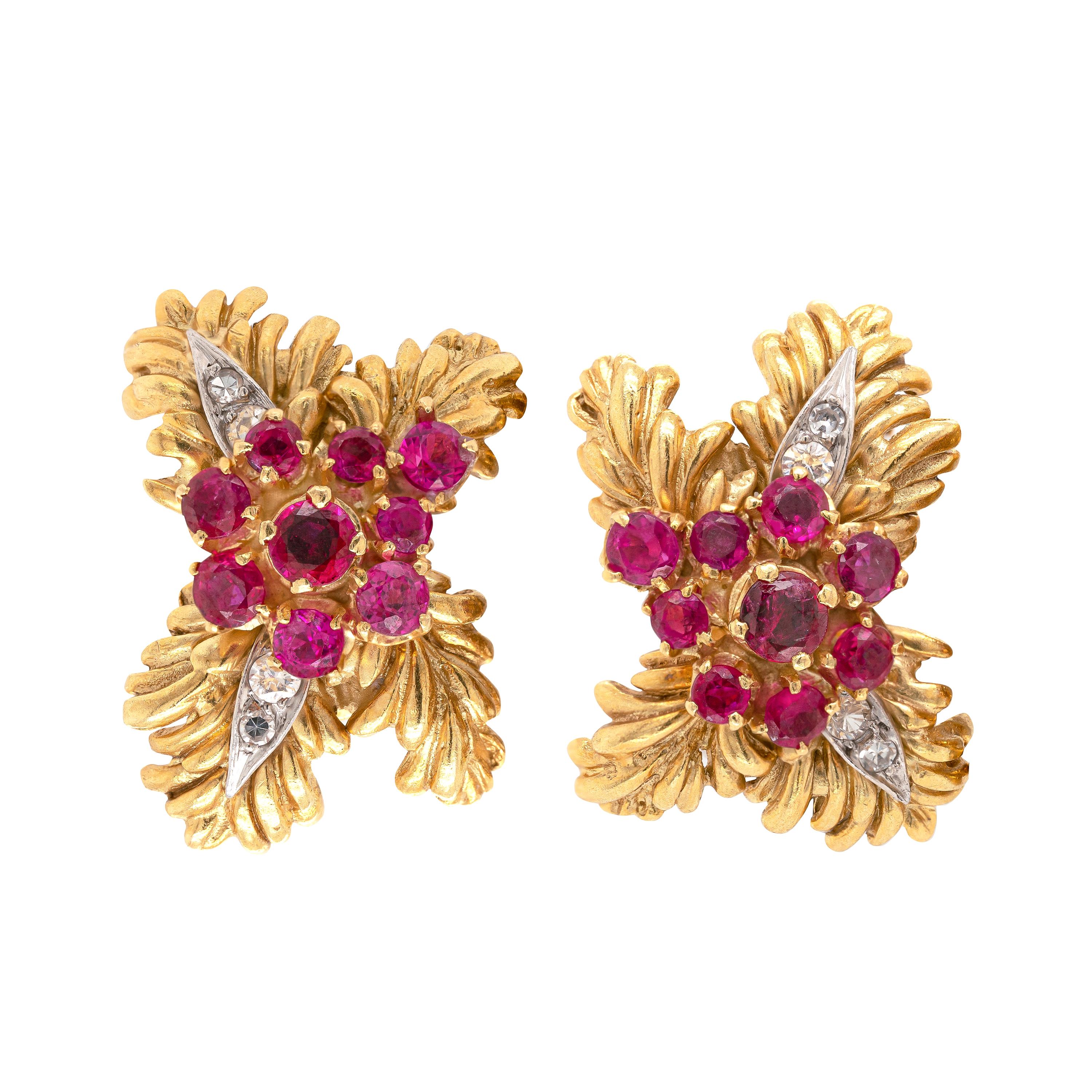 Vintage Ben Rosenfeld Ruby and Diamond 18 Carat Gold Foliate Clip-on Earrings For Sale
