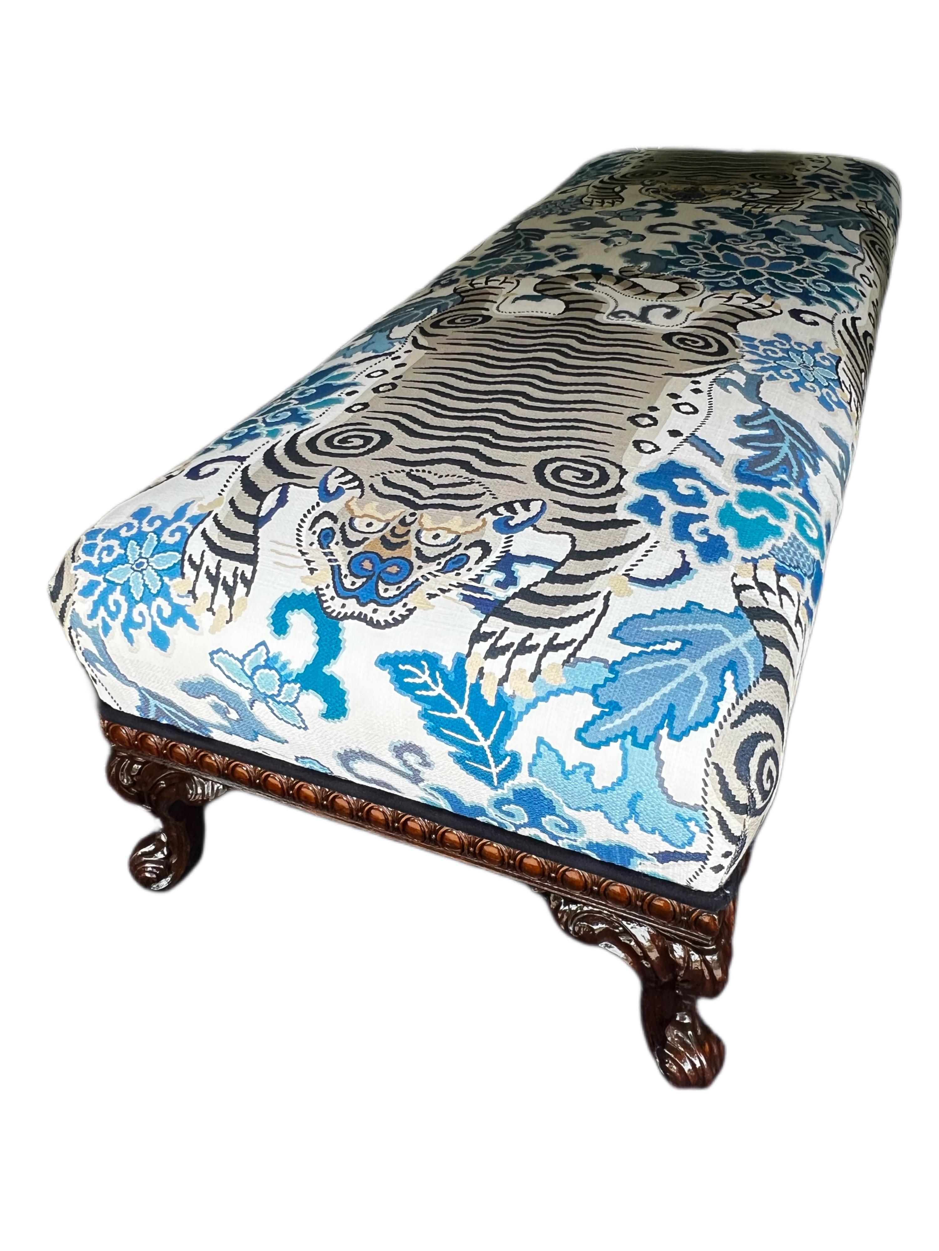 Stunning vintage bench fully refurbished, brand new upholstery with bright shades of blue and turquoise over white background. A modern Chinoiserie with tigers that would brighten your room, it’s a large bench that sits low to the ground and would