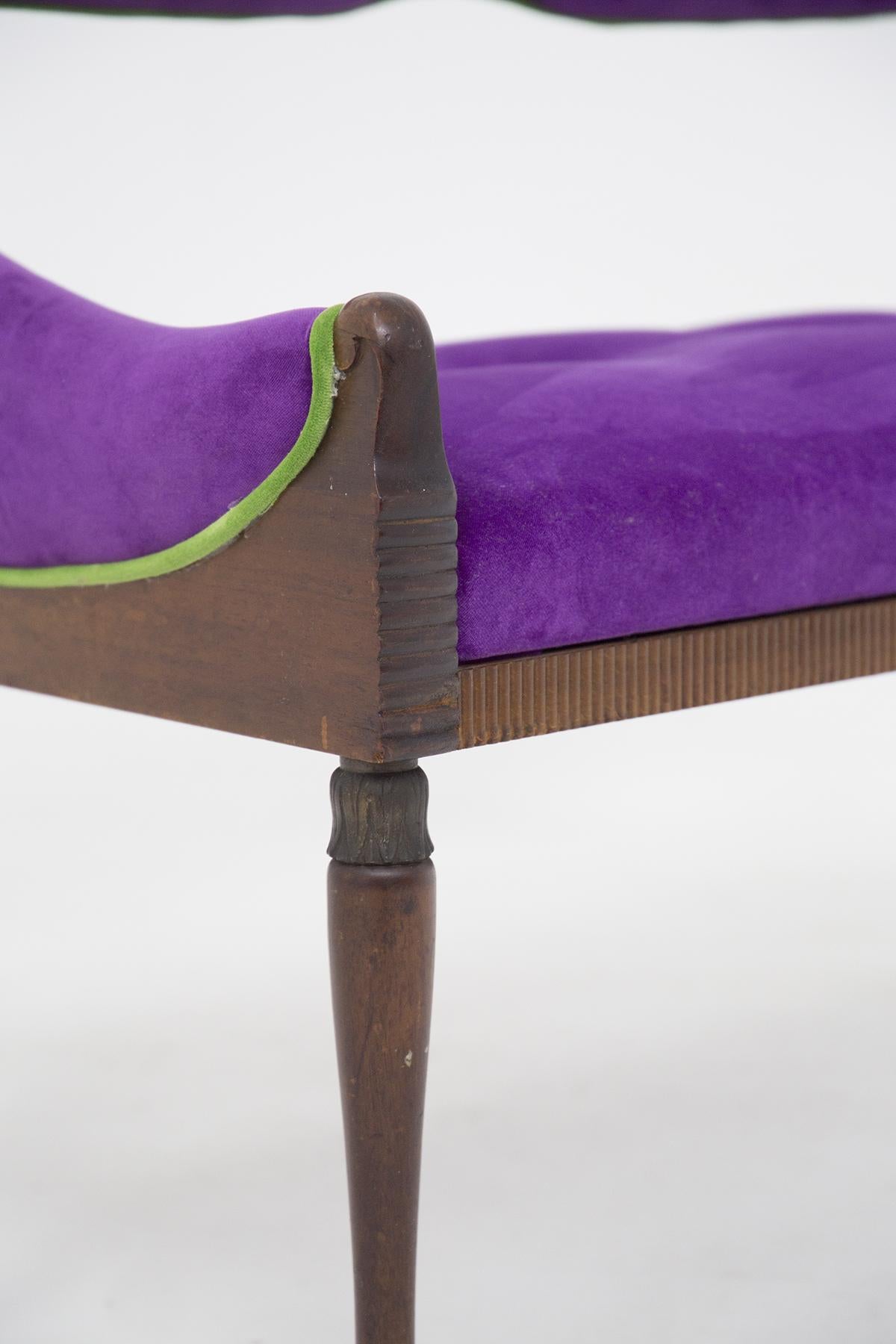 Mid-Century Modern Vintage Bench in Purple and Green Velvet For Sale