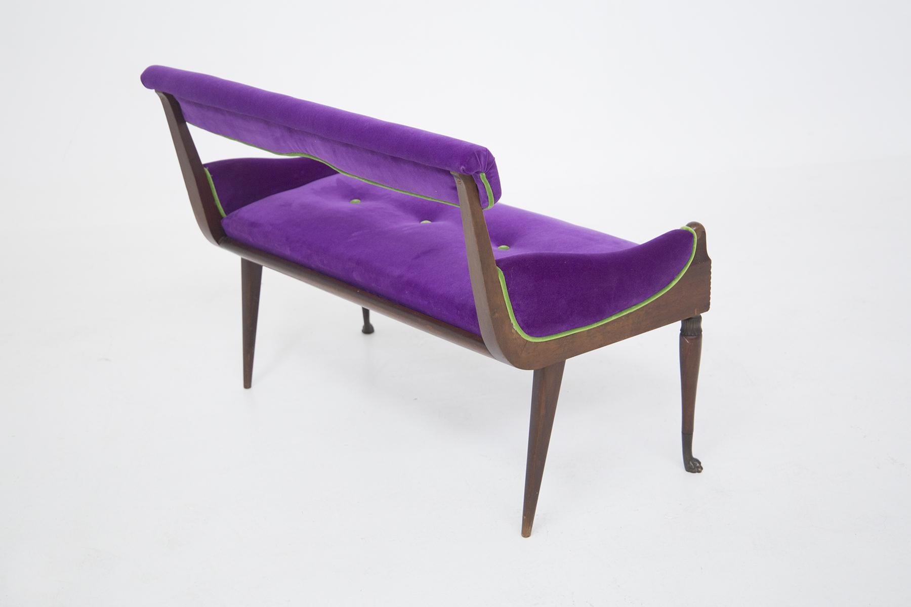 Italian Vintage Bench in Purple and Green Velvet For Sale