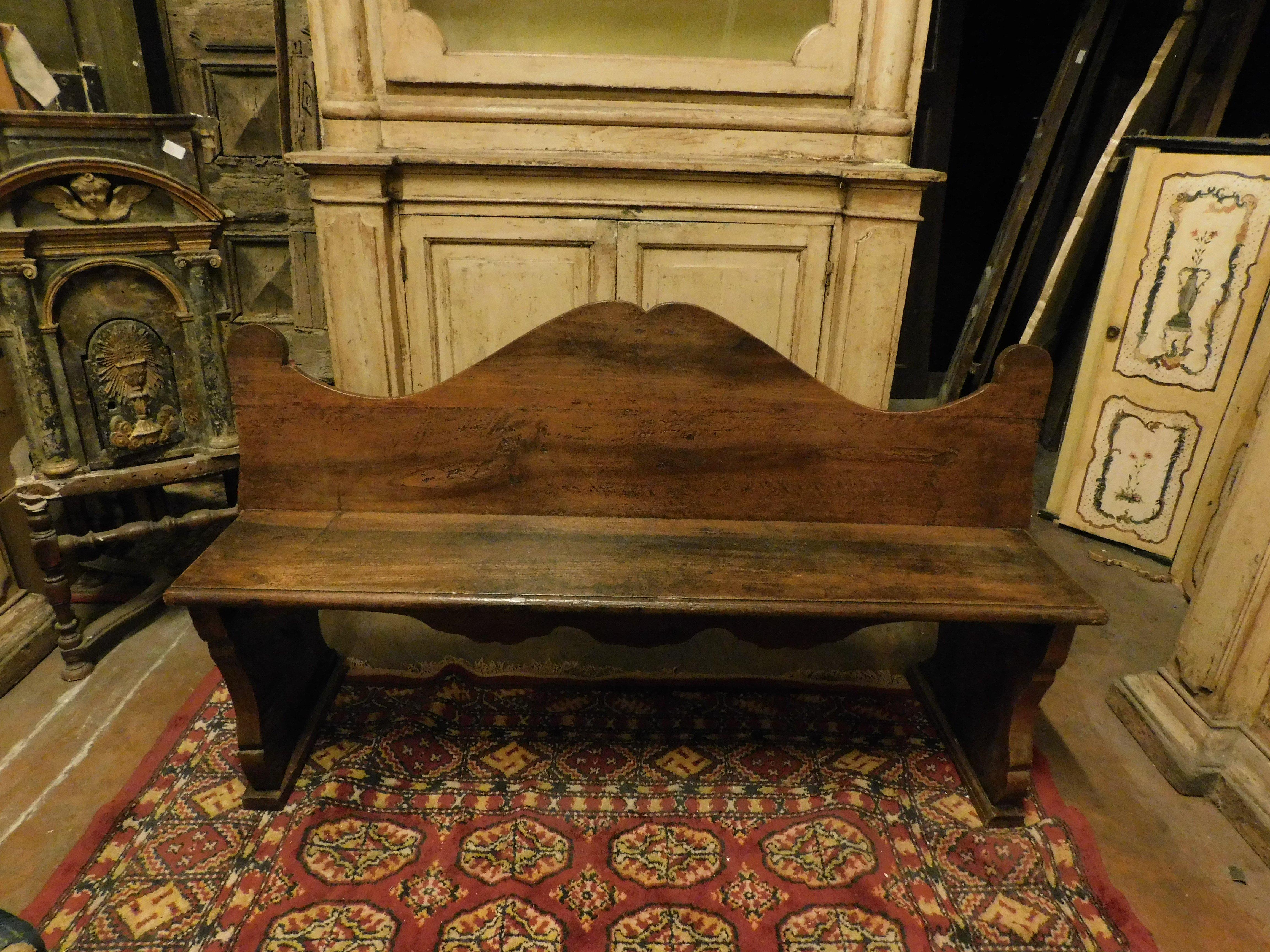 old vintage bench in solid walnut wood, carved with a wavy shape, originating from Piedmont (Italy), original from the 18th century, measuring cm w 145 x h 85 (seat h 50) x d 45.
