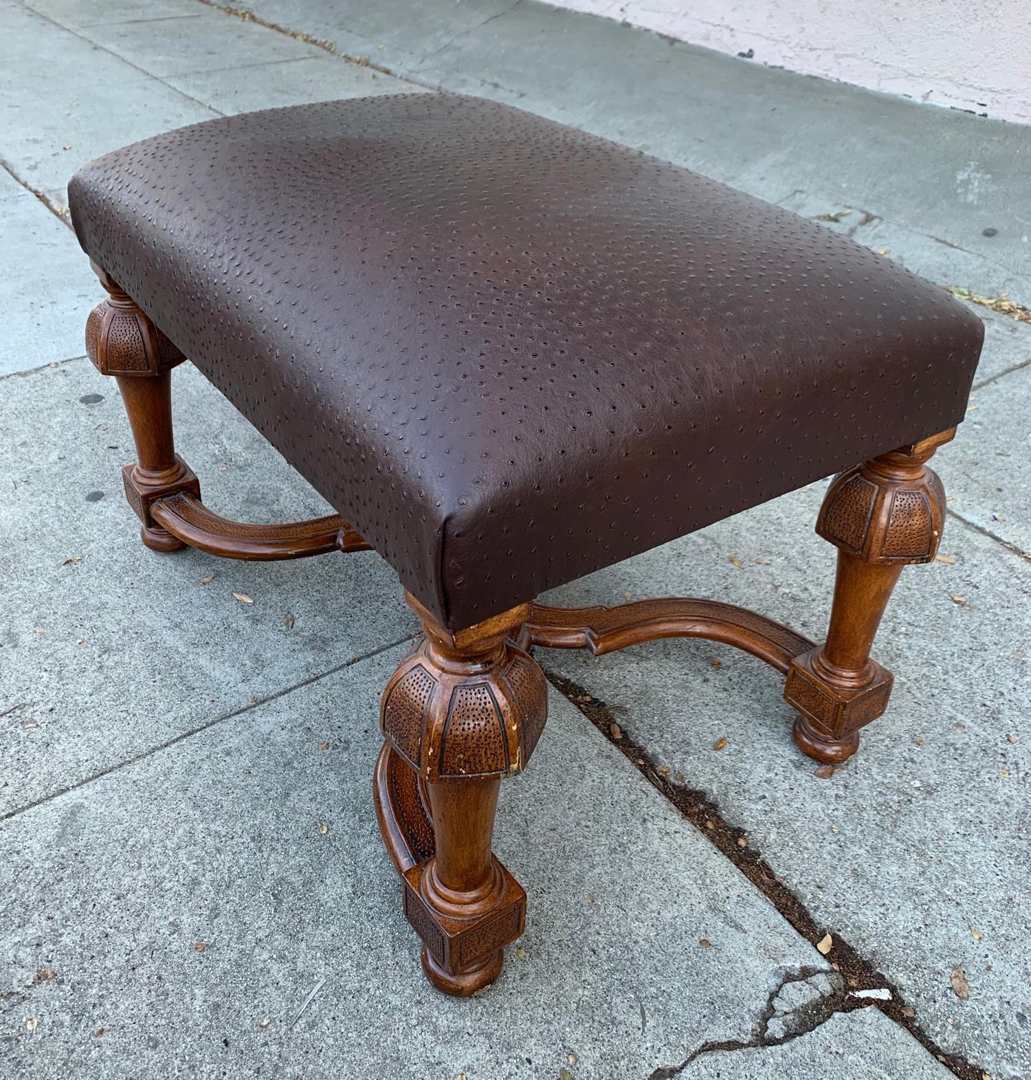 Mid-Century Modern Vintage Bench/Ottoman Upholstered in Faux Ostrich Leather