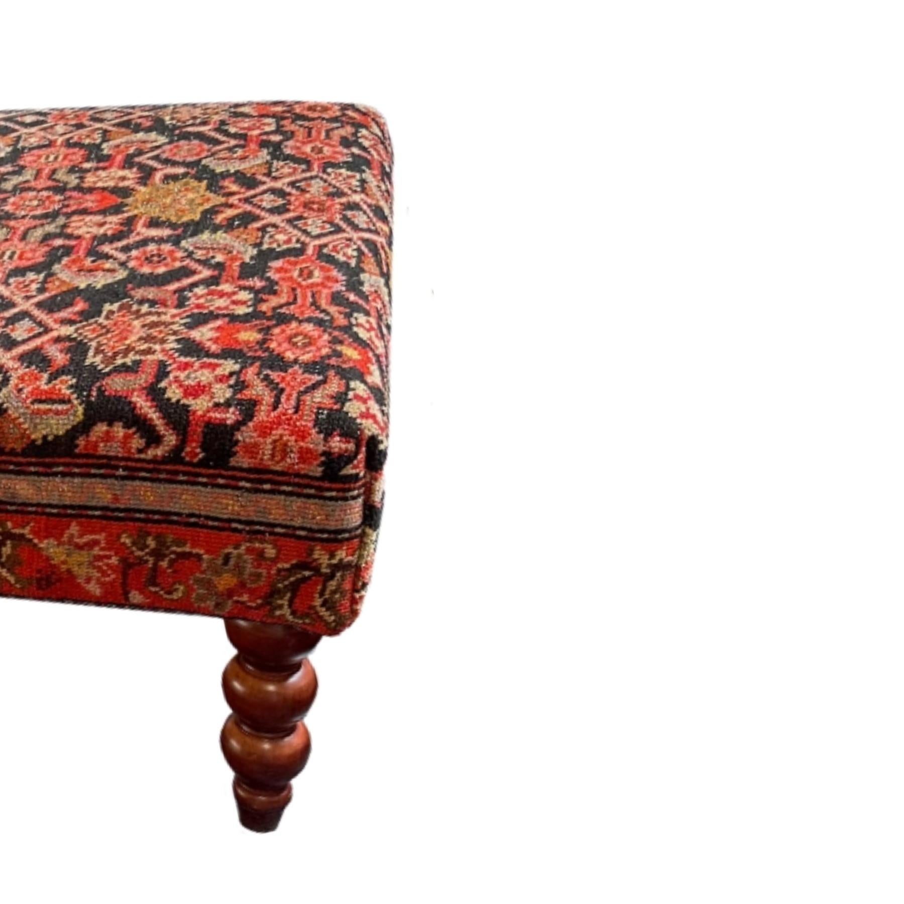 Woven Vintage Bench Upholstered in an Early 20th Century Rug with Turned Legs For Sale