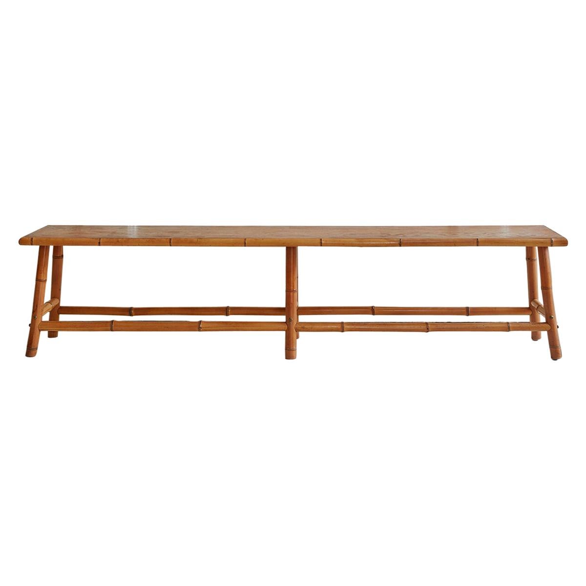 Vintage Bench with Bamboo Legs and Wooden Seat, France, 1960s