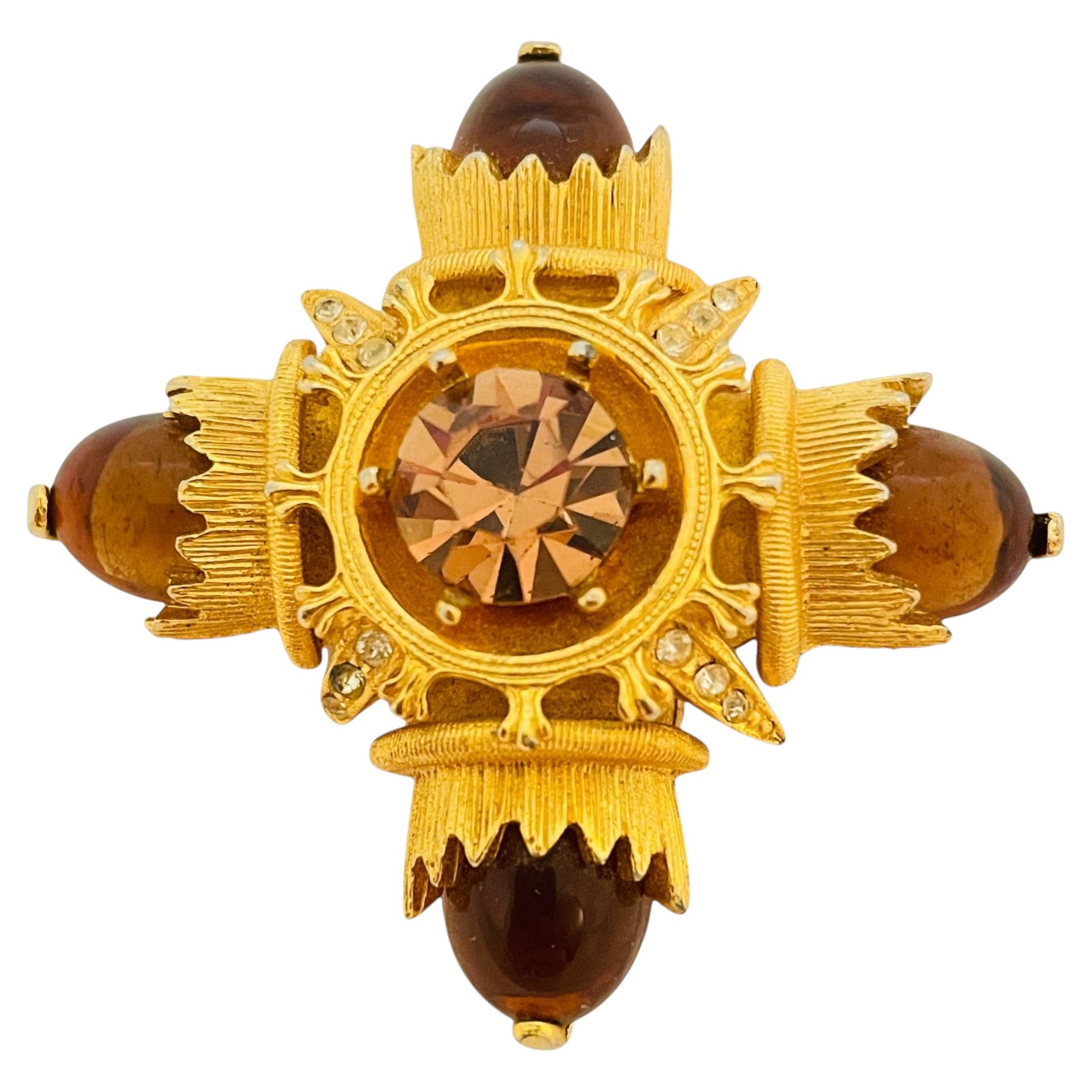 Vintage BENEDIKT NY gold glass Maltese cross designer runway brooch