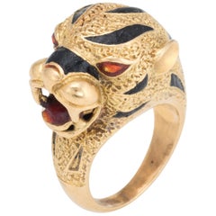 Vintage Bengal Tiger Ring 18 Karat Yellow Gold Enamel Animal Jewelry Estate