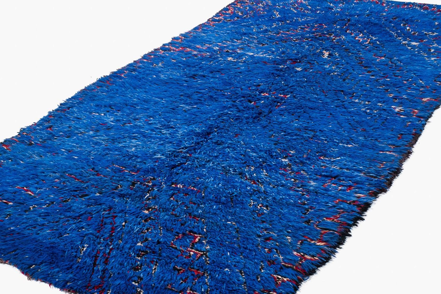 Mid-Century Modern Vintage Rare Authenic Beni M'Guild Moroccan Berber Handmade Rug Blue Wool Plush For Sale