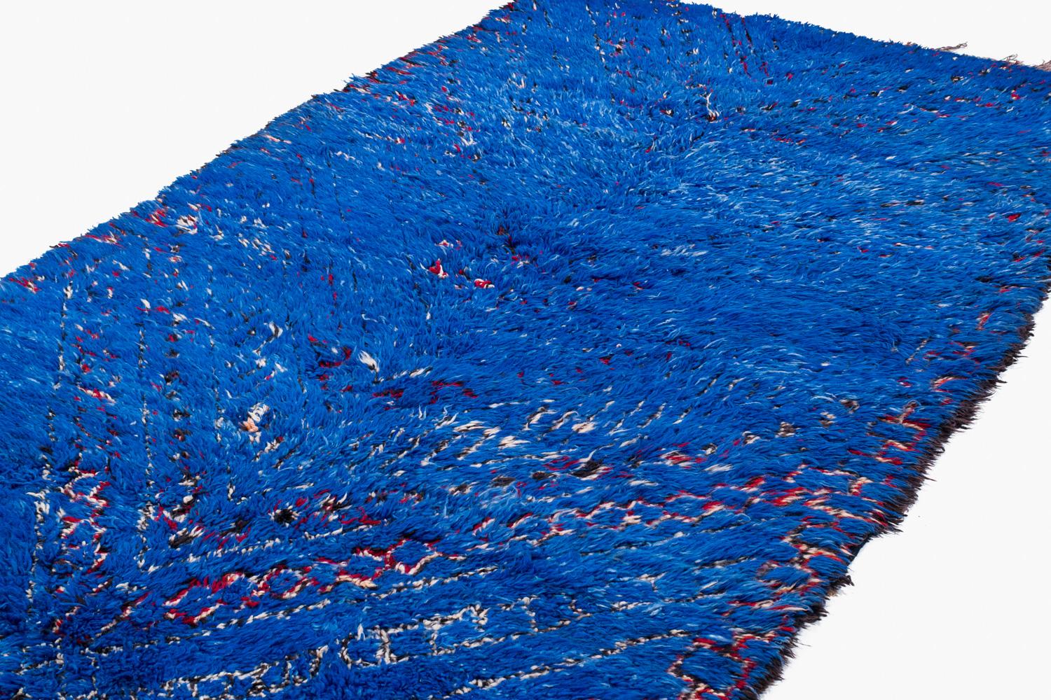Hand-Woven Vintage Rare Authenic Beni M'Guild Moroccan Berber Handmade Rug Blue Wool Plush For Sale