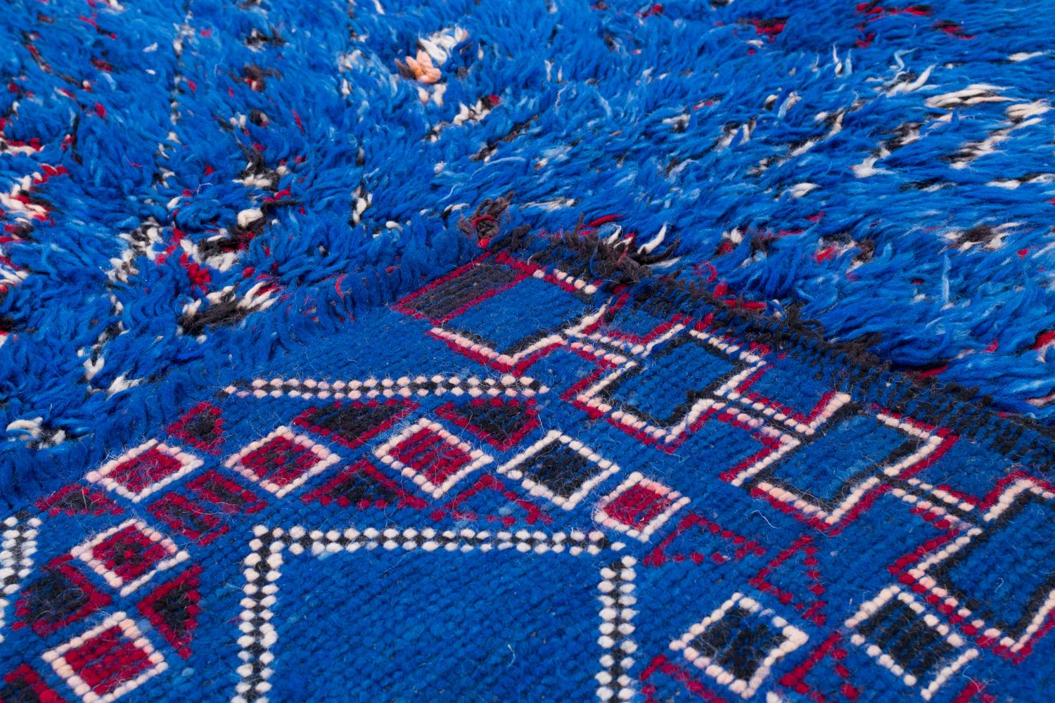 Late 20th Century Vintage Rare Authenic Beni M'Guild Moroccan Berber Handmade Rug Blue Wool Plush For Sale