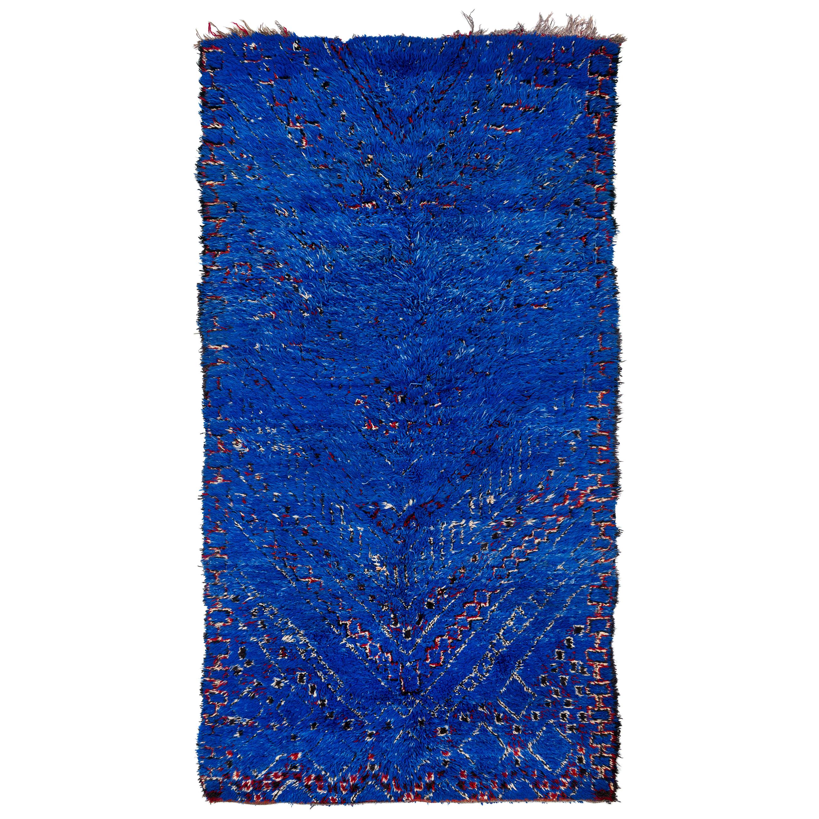 Vintage Rare Authenic Beni M'Guild Moroccan Berber Handmade Rug Blue Wool Plush