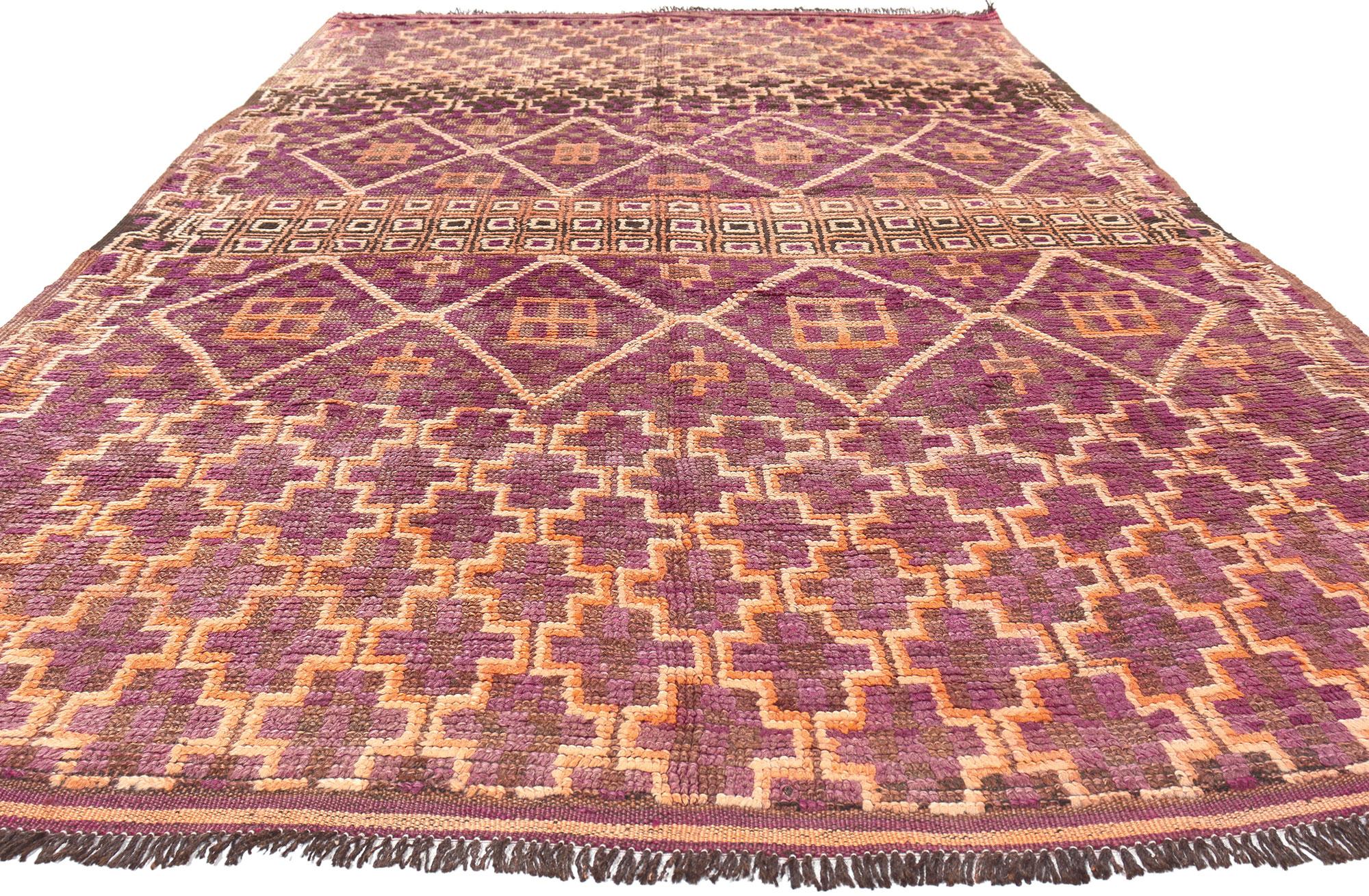 Hand-Knotted Vintage Beni MGuild Moroccan Rug, Bohemian Rhapsody Meets Midcentury Modern For Sale