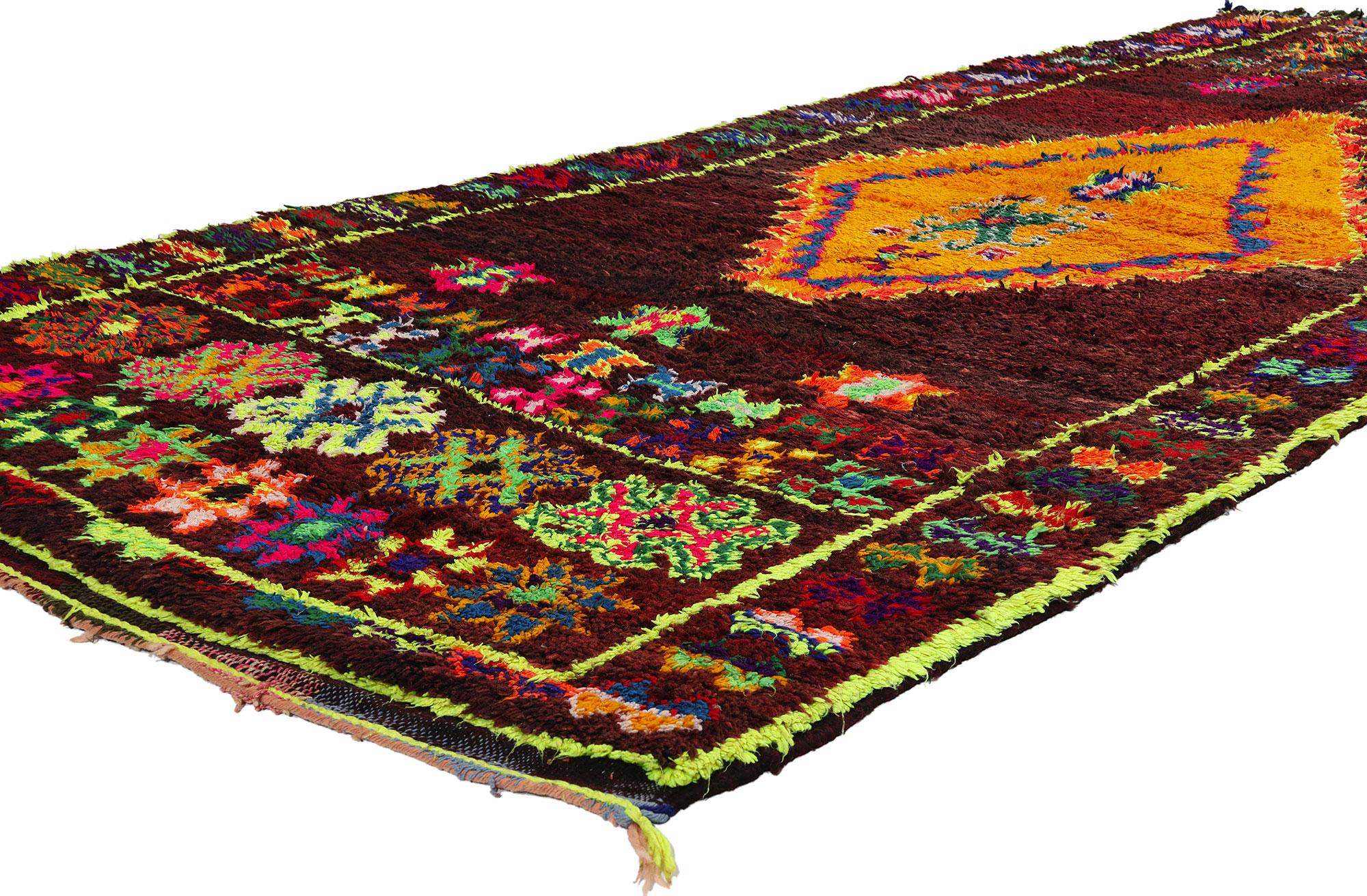 21804 Colorful Vintage Beni MGuild Moroccan Rug, 04'09 x 10'09. Nestled within the enchanting embrace of Morocco's Atlas Mountains, the skilled hands of Berber women from the Ait M'Guild tribe weave captivating tales through the intricate artistry