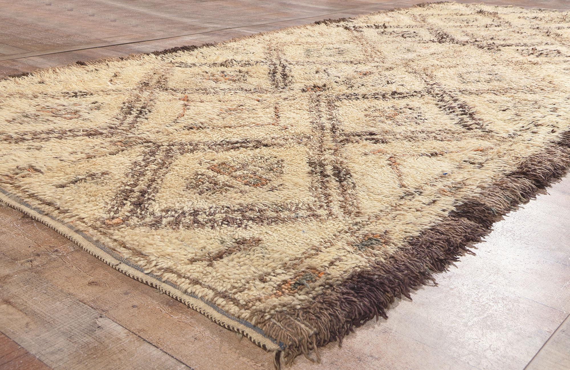 Wool Vintage Beni MGuild Moroccan Rug, Cohesive Coziness Meets Subtle Shibui For Sale