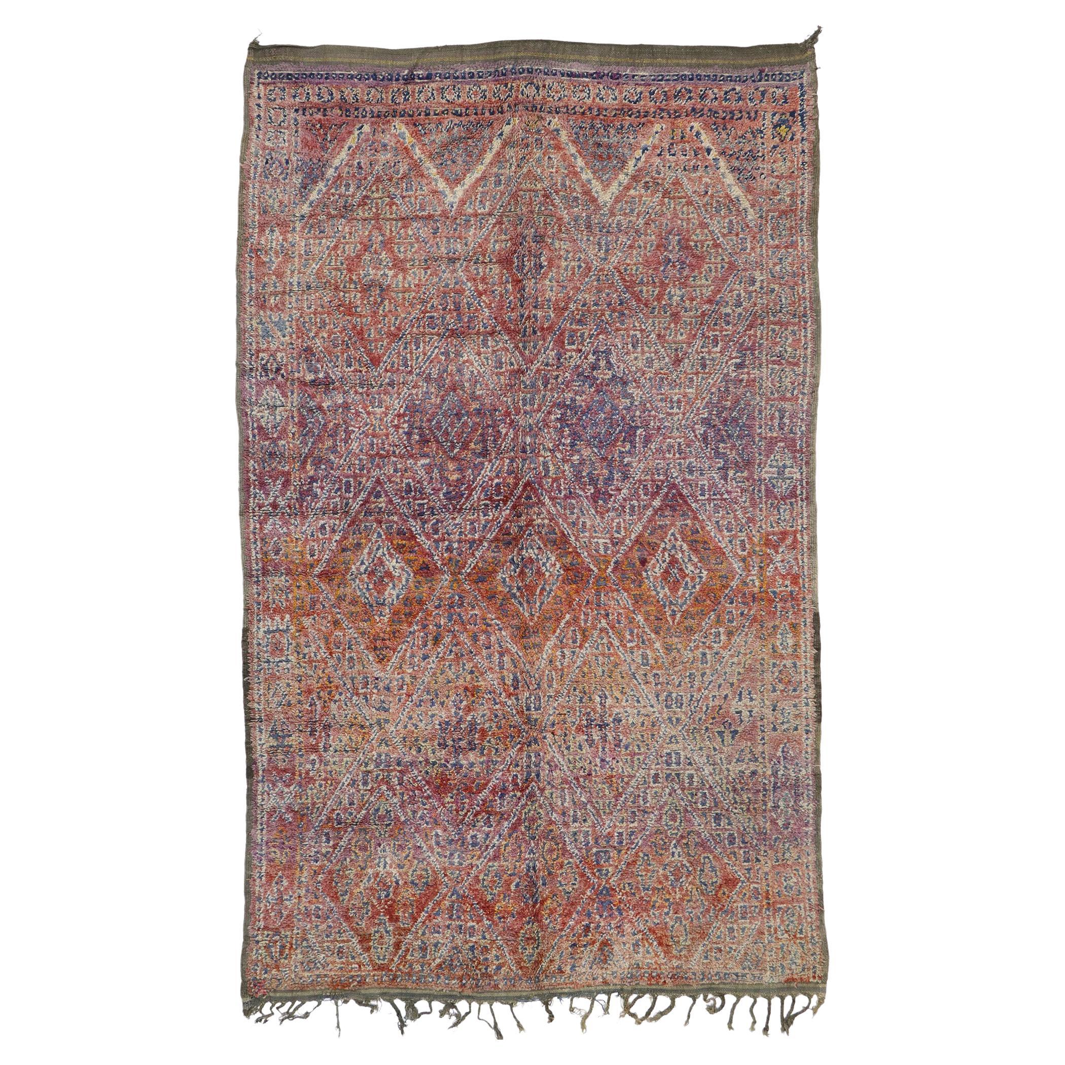 Vintage Beni MGuild Moroccan Rug, Cozy Nomad Meets Sultry Bohemian For Sale