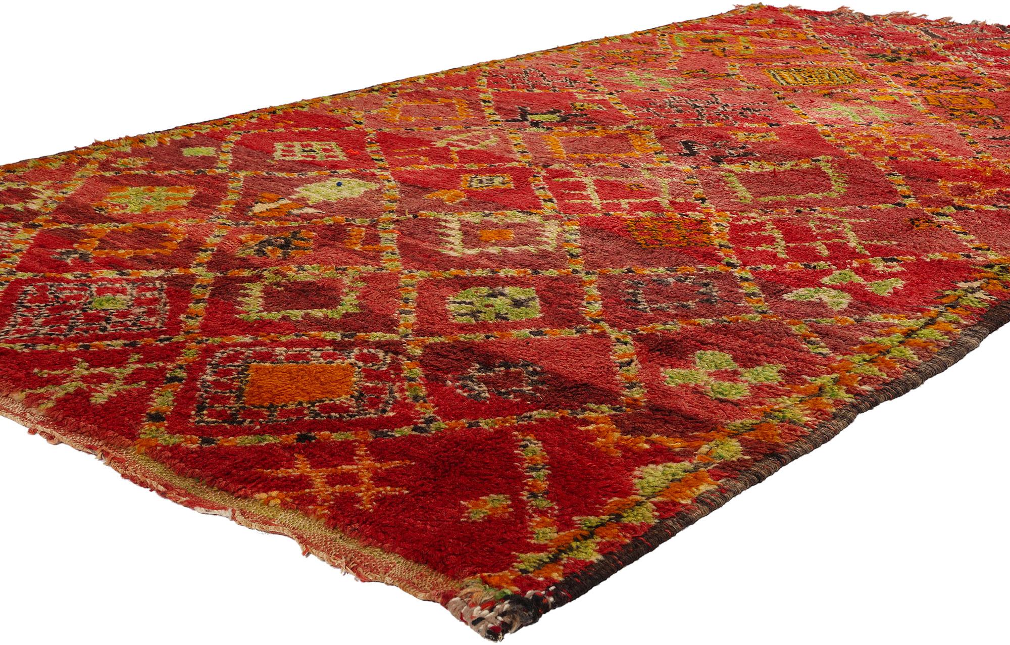 21746 Vintage Red Beni MGuild Moroccan Rug, 05'02 x 09'05. Nestled in Morocco's Middle Atlas Mountains, Beni M'Guild rugs epitomize a cherished Berber tradition, meticulously crafted by skilled women using centuries-old techniques. Renowned for