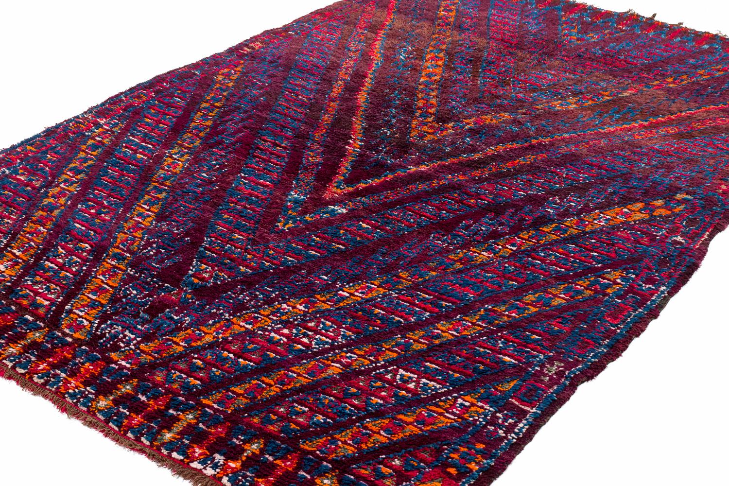 Tribal Antique Beni Mguild Moroccan Wool Shag Midcentury Vintage Chevron Area Rug For Sale