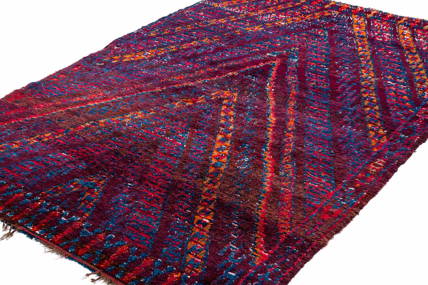 Hand-Knotted Antique Beni Mguild Moroccan Wool Shag Midcentury Vintage Chevron Area Rug For Sale