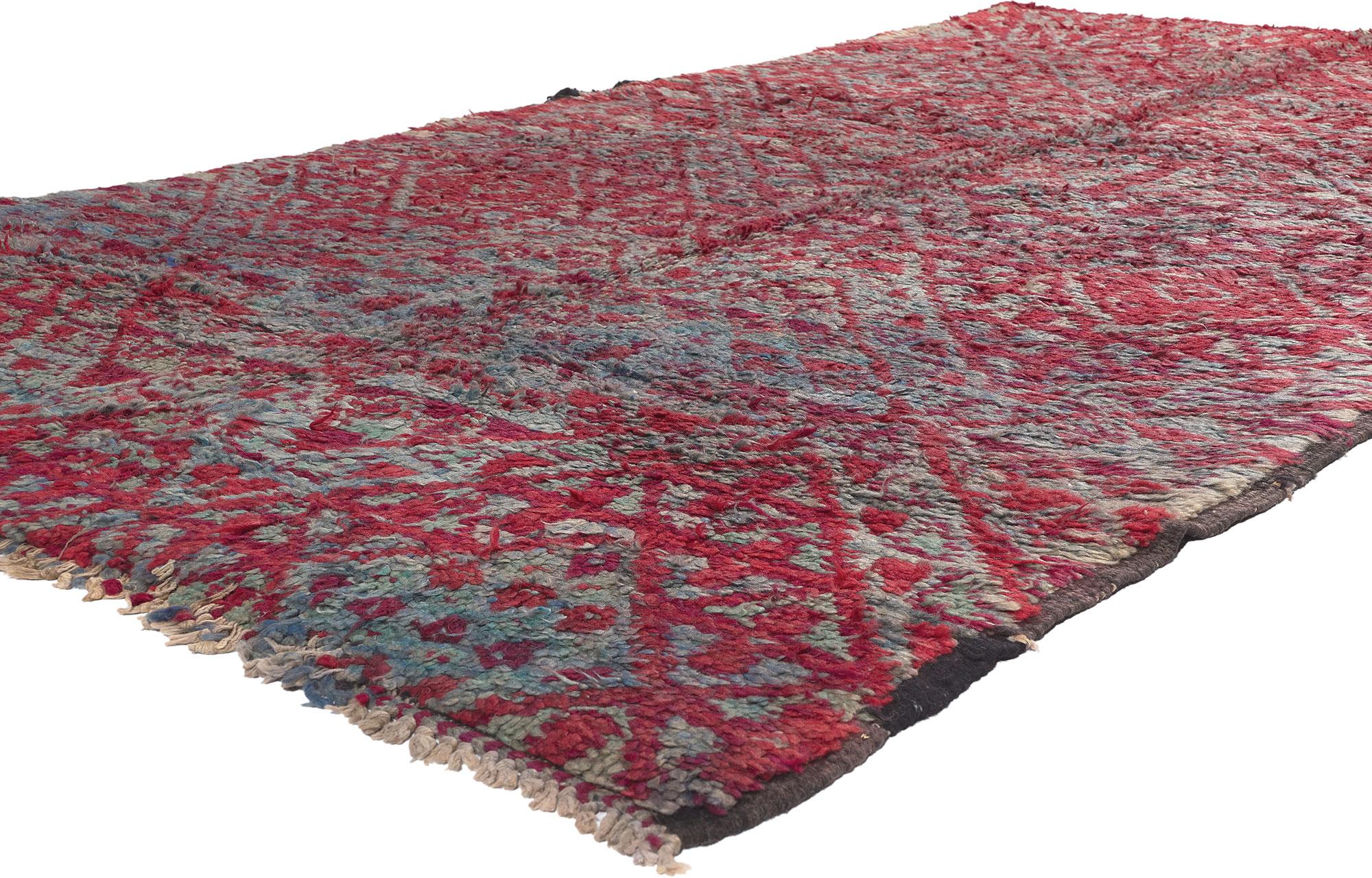 20699 Vintage Beni MGuild Moroccan Rug, 05'09 x 10'09. Embark on a journey through the captivating world of Maximalist aesthetics as you explore the charm of this hand-knotted wool vintage Beni Mguild Moroccan rug—a masterpiece born in the western