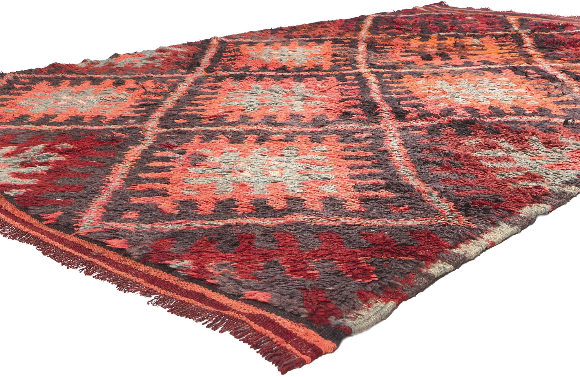 20932 Vintage Beni MGuild Moroccan Rug, 06'06 x 10'08. 

In the realm where Midcentury Modern chic embraces nomadic allure, meet this hand-knotted wool vintage Beni Mguild Moroccan rug—a gem from the western central Middle Atlas, meticulously