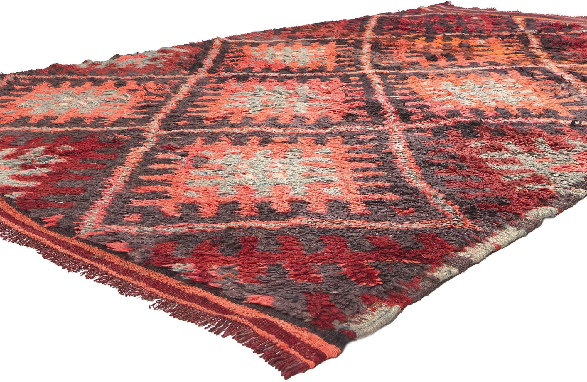 20932 Vintage Beni MGuild Moroccan Rug, 06'06 x 10'08. In the realm where Midcentury Modern chic embraces nomadic allure, meet this hand-knotted wool vintage Beni Mguild Moroccan rug—a gem from the western central Middle Atlas, meticulously crafted