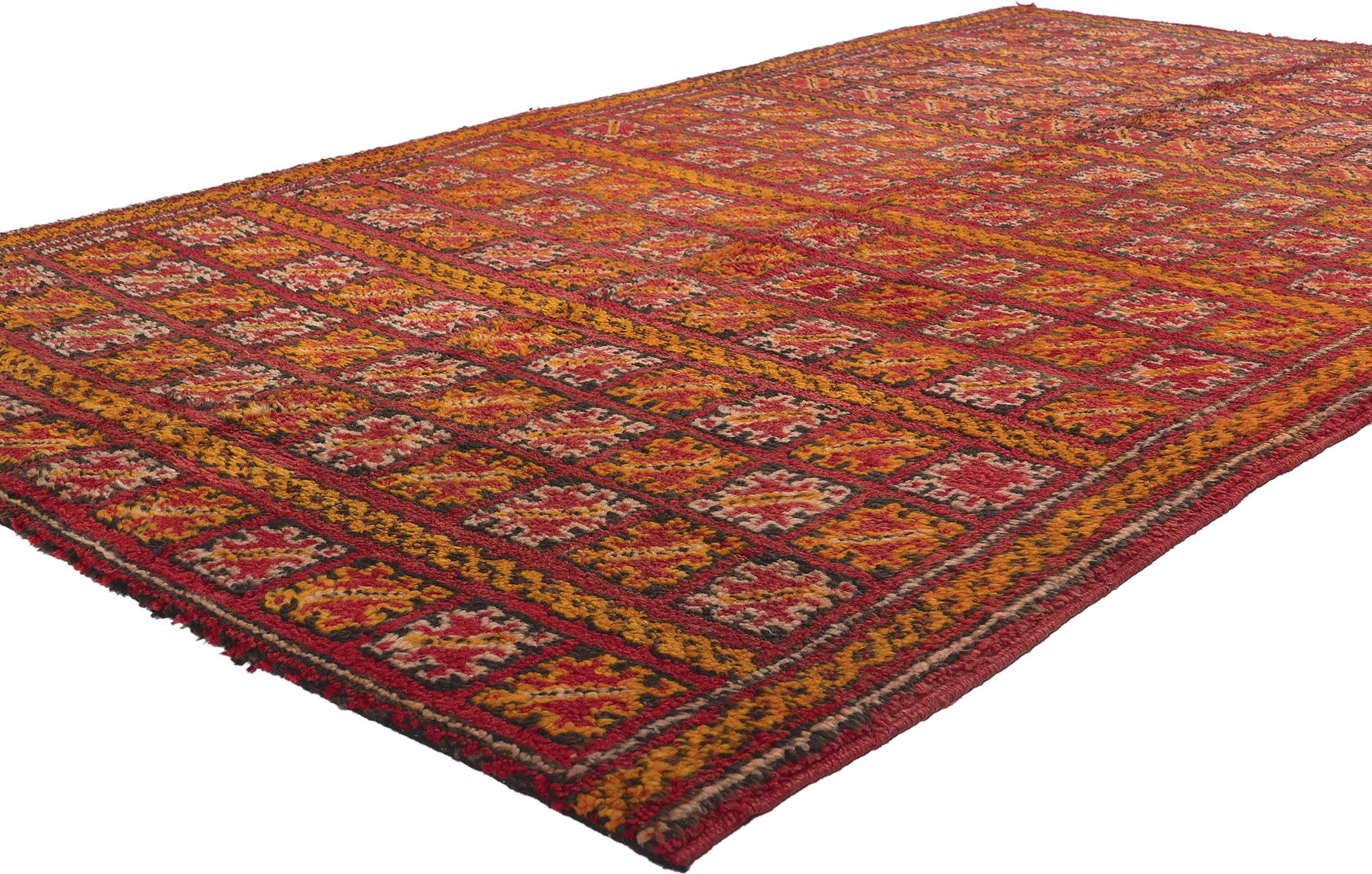 21483 Vintage Red Beni MGuild Moroccan Rug, 04'08 x 07'08. Embark on a vibrant visual odyssey through the rich history of Moroccan culture with our hand-knotted Beni MGuild vintage rug—a dazzling masterpiece that seamlessly melds hues, patterns, and