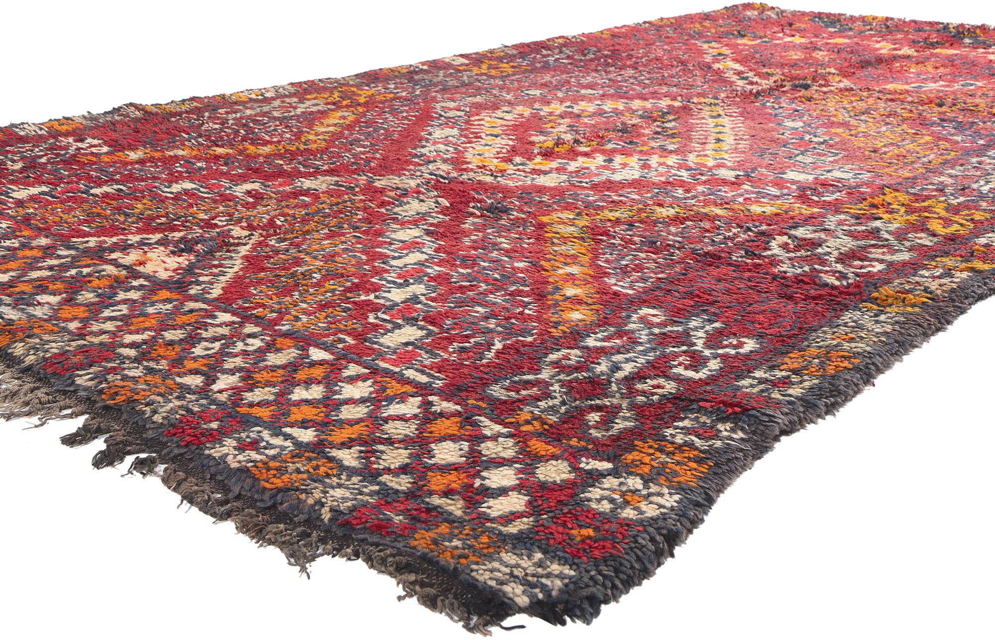 20977 Vintage Red Beni MGuild Moroccan Rug, 06'02 x 011'04. This vintage Beni MGuild rug stands as a testament to the rich culture of Moroccan craftsmanship, meticulously handwoven by the skilled artisans of the Beni MGuild tribe—a distinct subset
