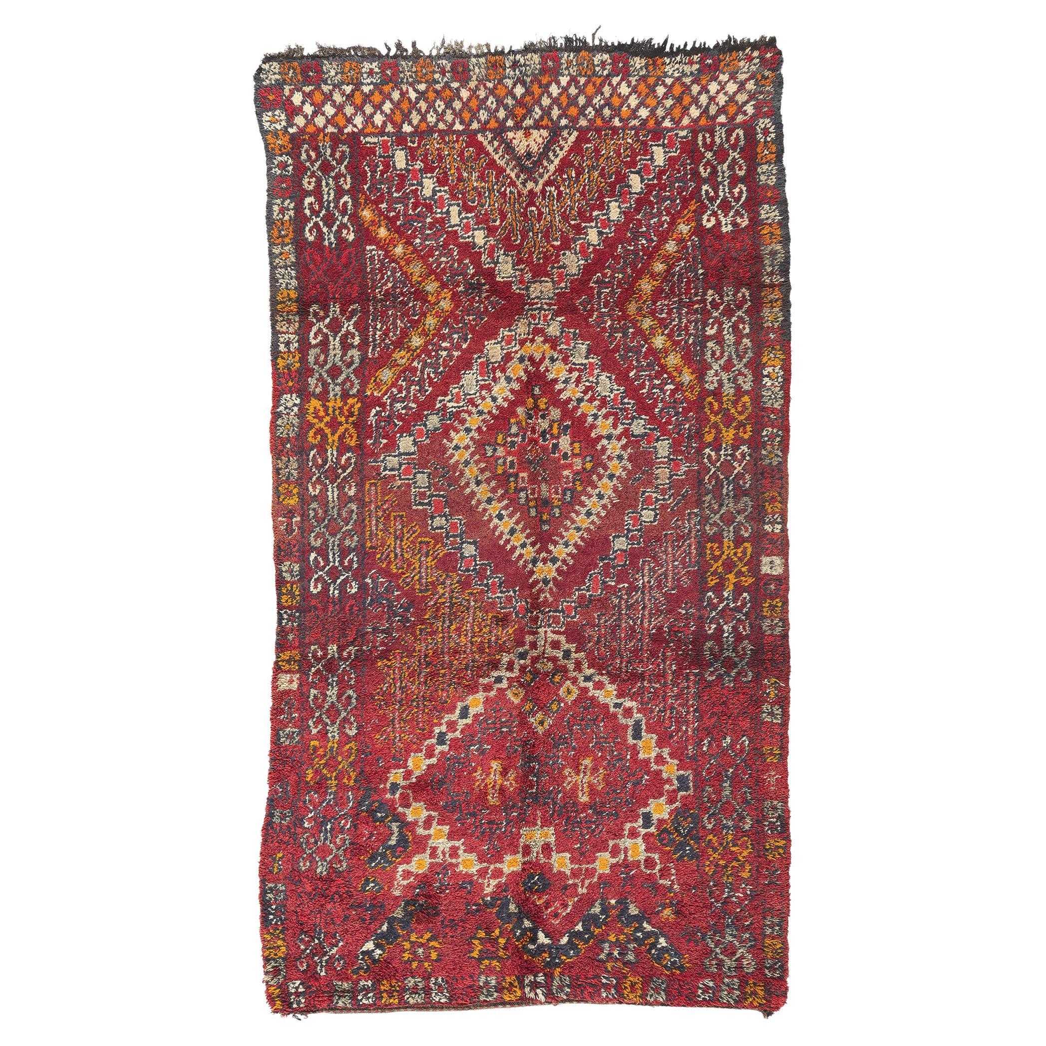 Vintage Beni MGuild Moroccan Rug, Tribal Enchantment Meets Midcentury Modern For Sale