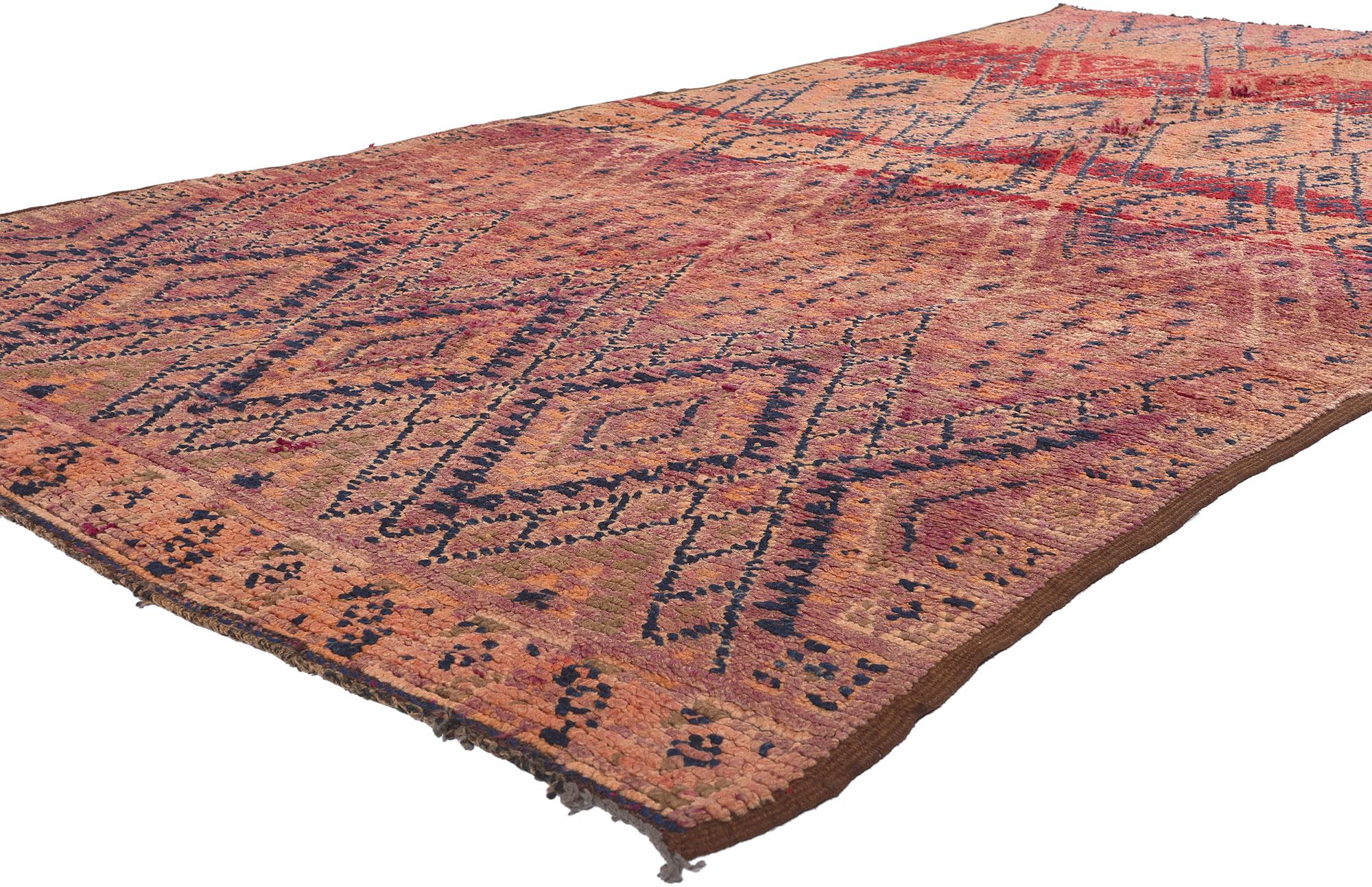 21346 Vintage Beni MGuild Moroccan Rug, 05'04 x 10'01. Woven with the enchanting expertise of Berber women from the Ait M'Guild tribe in the mystical Atlas Mountains of Morocco, Beni Mguild rugs are revered for their masterful craftsmanship and