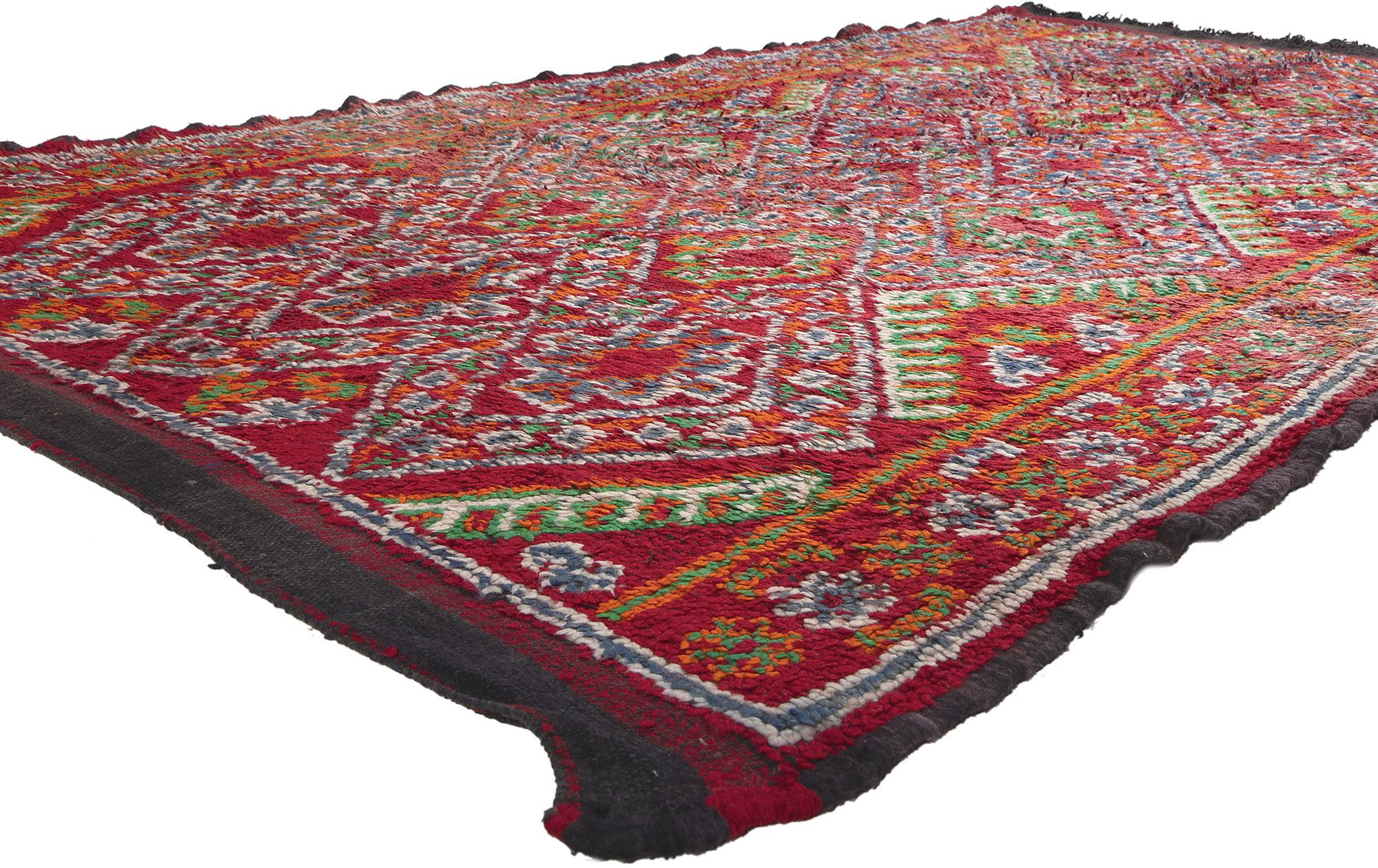 20940 Vintage Red Beni MGuild Moroccan Rug, 06'04 x 10'10. Embark on a vibrant visual odyssey through the rich history of Moroccan culture with our hand-knotted Beni MGuild vintage rug—a dazzling masterpiece that seamlessly melds hues, patterns, and